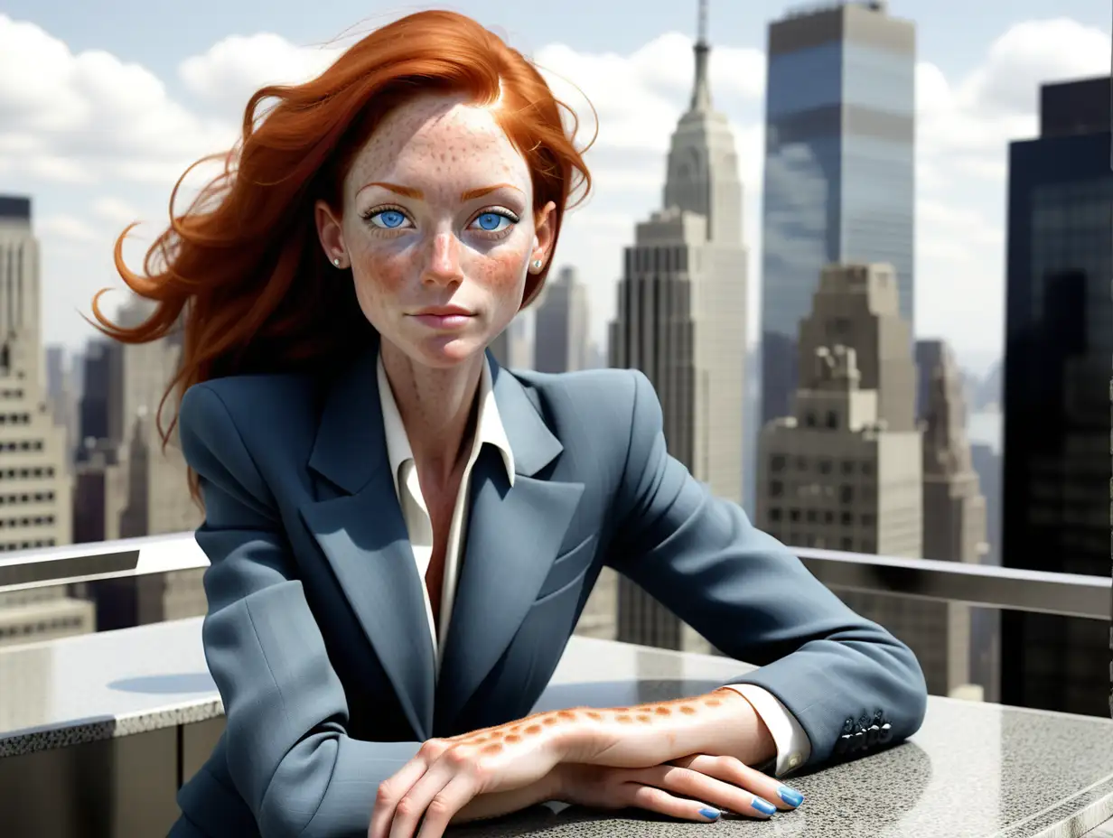 Sophisticated Businesswoman with Freckles Overlooking New York Skyline