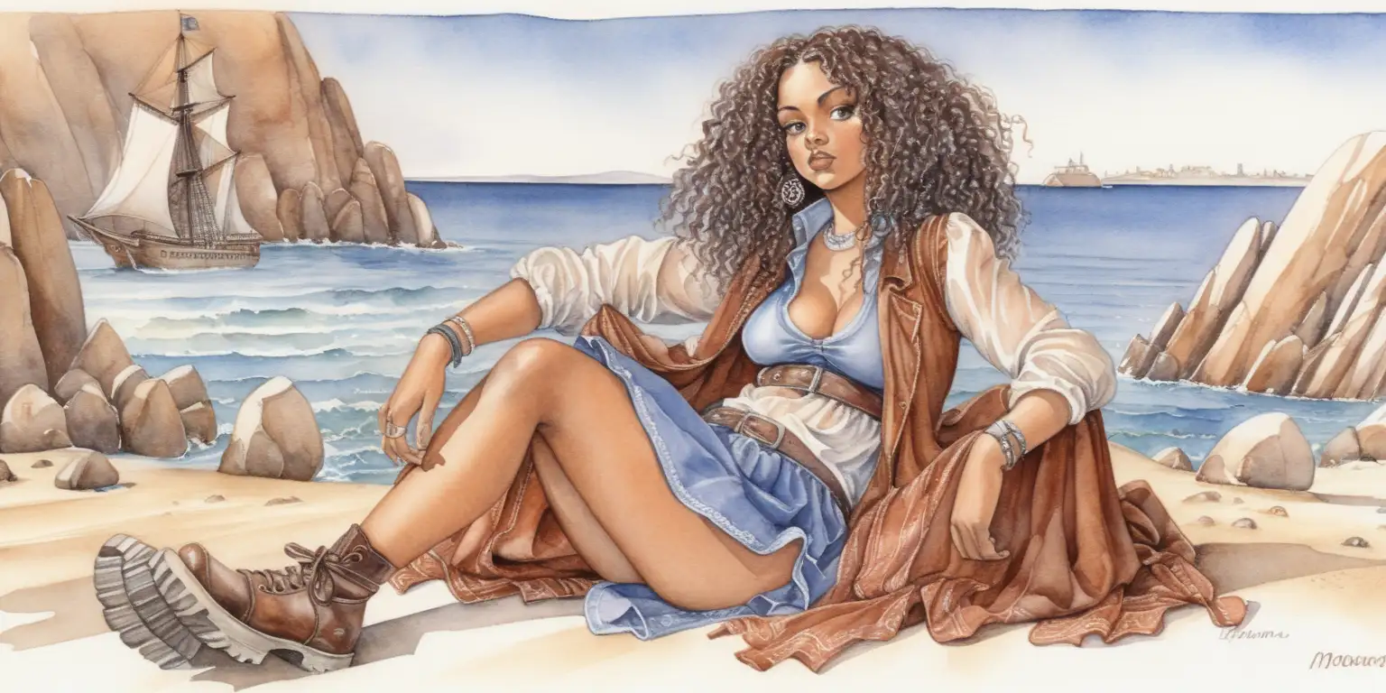 Gullivers Travels Inspired Watercolor Illustration of a Mulatto Woman in Milo Manara Style