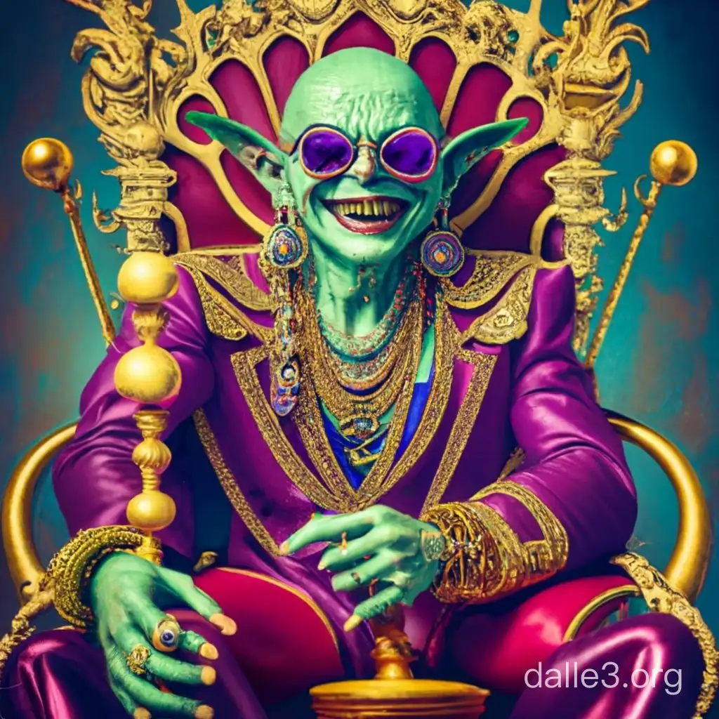 rich goblin king resting upon his throne. absolute pimp. laughing maniacally, orders his subjects. has incredible diplomatic power. dressed in red purple and gold king’s robes, has stereotypical purple pimp circle sunglasses and cane. very eccentric and flashy. green skin. short and bald. is hysterically laughing. adorned with gold chains and jewelry. has a gold tooth. completely green skin. short goblin man. he is laying leisurely upon his throne.