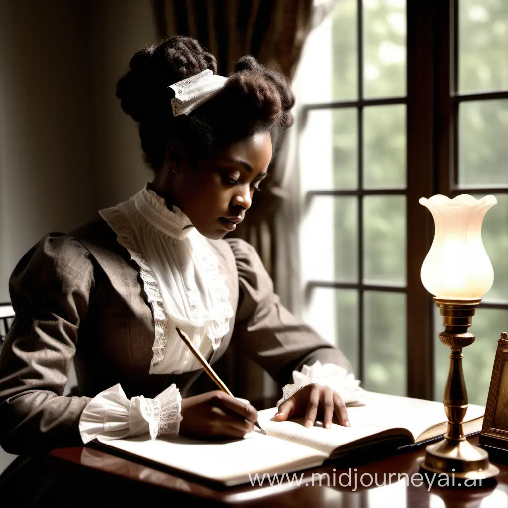 Hyper realistic image of a meditative African American woman wearing modest Victorian clothing and Victorian hair style in the early 1900s sitting at a table writing in a journal in front of a window with a lamp beside her