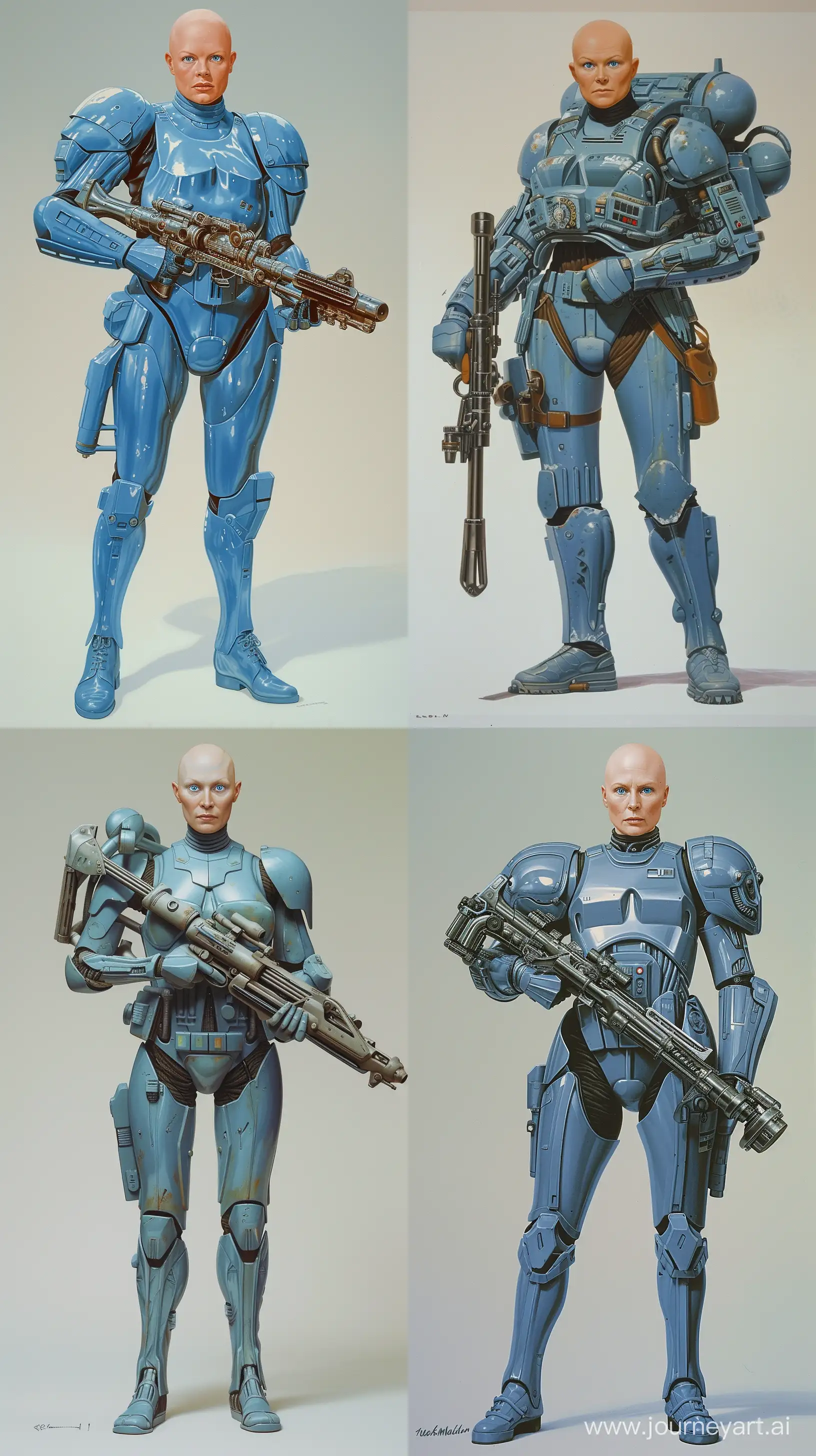 Futuristic-Bald-Gillian-Anderson-in-Blue-Stormtrooper-Armor-with-Metal-Rifle