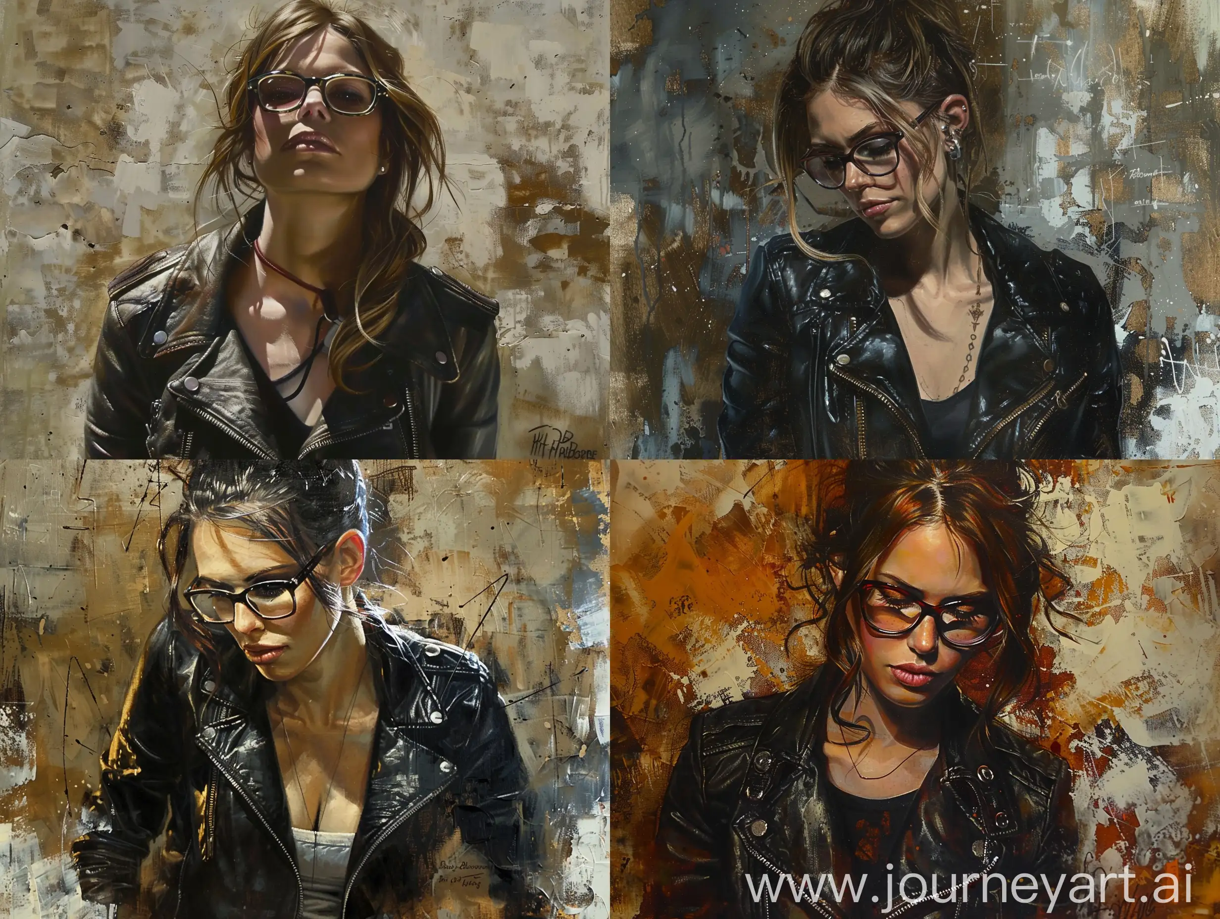 a painting of a woman wearing glasses and a leather jacket, style of raymond swanland, by Raymond Swanland, russ mills, by Tim Okamura, by Pascal Dagnan-Bouveret, jonathan yeo painting, by Sam Spratt, by David Garner, by William Berra, artist artgerm i and wlop, phil hale artwork, by Philip Absolon