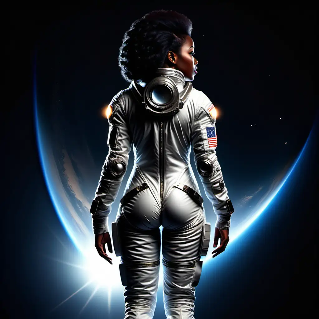 beautiful  black woman in a space suit , with her back turn semi realistic, full body view