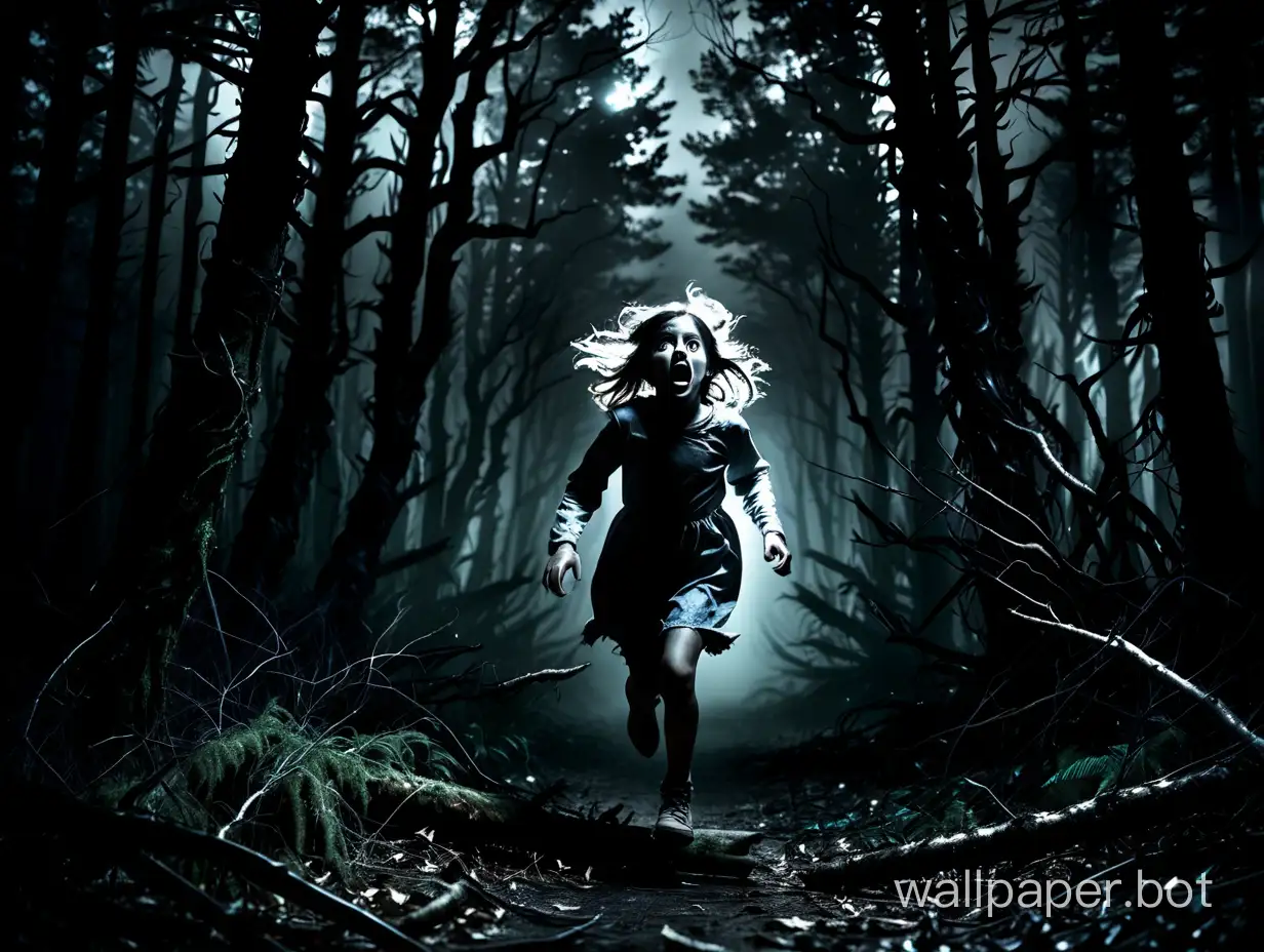 Young girl fleeing in horror in an eerie dark forest at night.