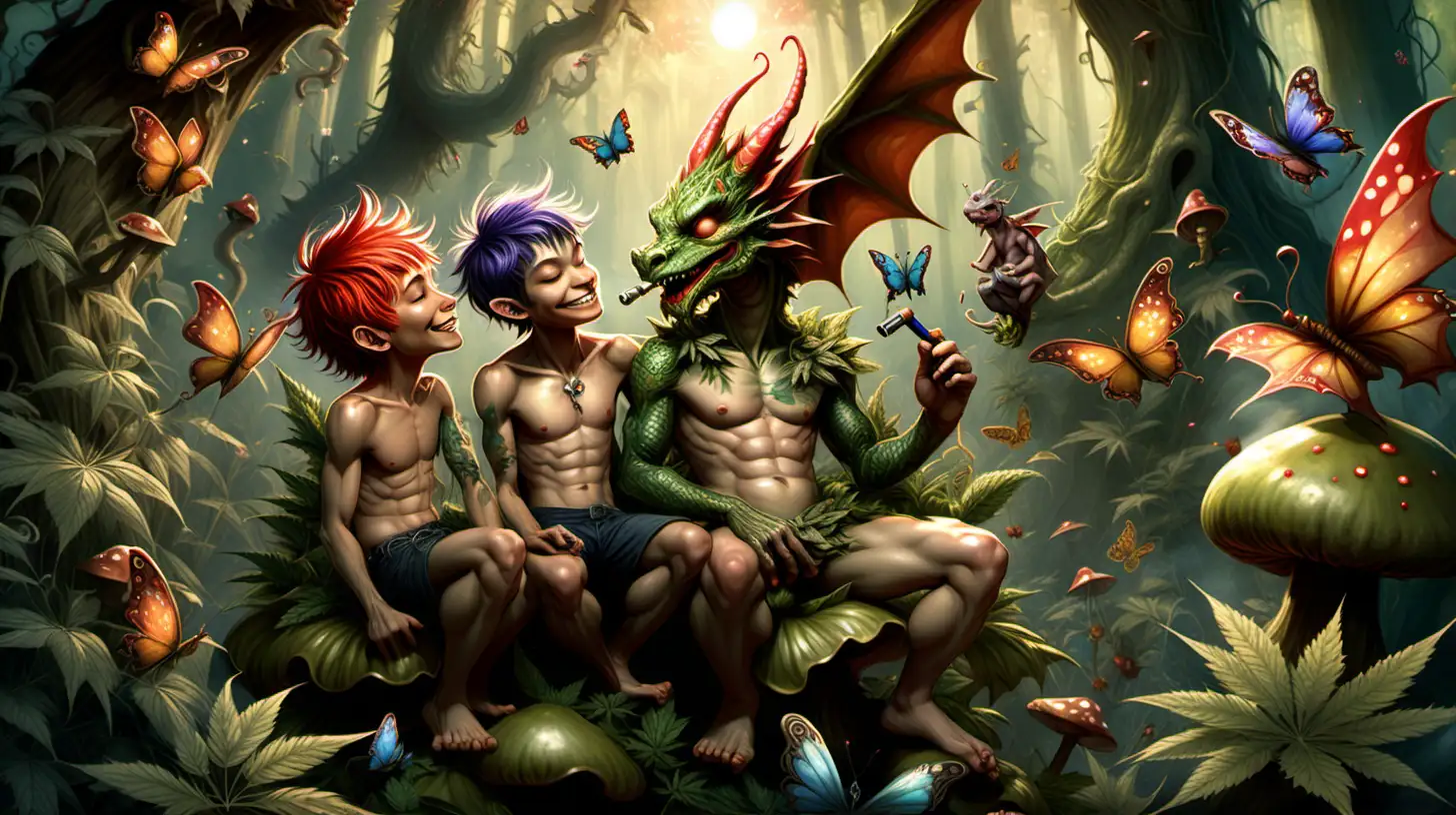 A romantic couple of anthropomorphic dragon boys, shirtless, sitting on a mushroom cap in a fantasy forest of cannabis plants, smoking an ornately carved pipe with a sleepy smile on his face. He is surrounded by pixies floating in the air and butterflies hover above them. Whisps of smoke come off the pipe. The sun is shining and the dragon boy seems very content.