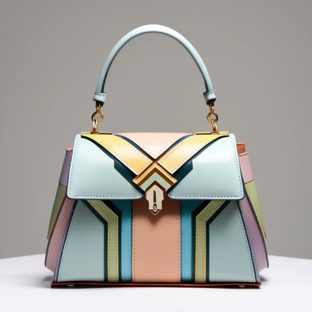 Mini luxury leather bag - frontal view - arabesque inserts color contrast with geometric design- pastel colors 