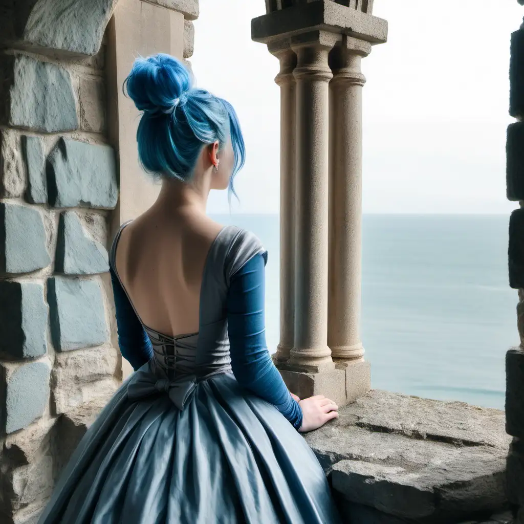 young woman with blue hair tied in a simple bun, wearing a gray ball gown with layers, layers on the back, layers, she is standing looking out of a castle window, the sea is outside