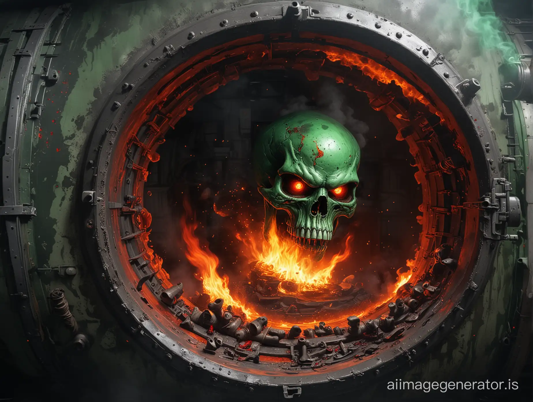 DnD green flaming skull with red eyes. hovering through an open porthole of a boiler tank. green flames, dead skeletons and bones on the floor.