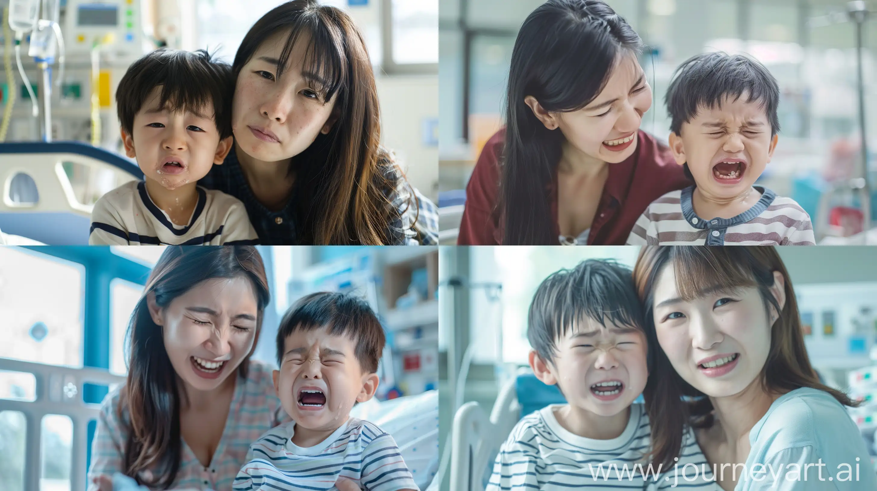 A 26-year-old Asian woman and a 2-year-old boy, the boy is crying, the background is a hospital, real photos, bright picture --ar 16:9