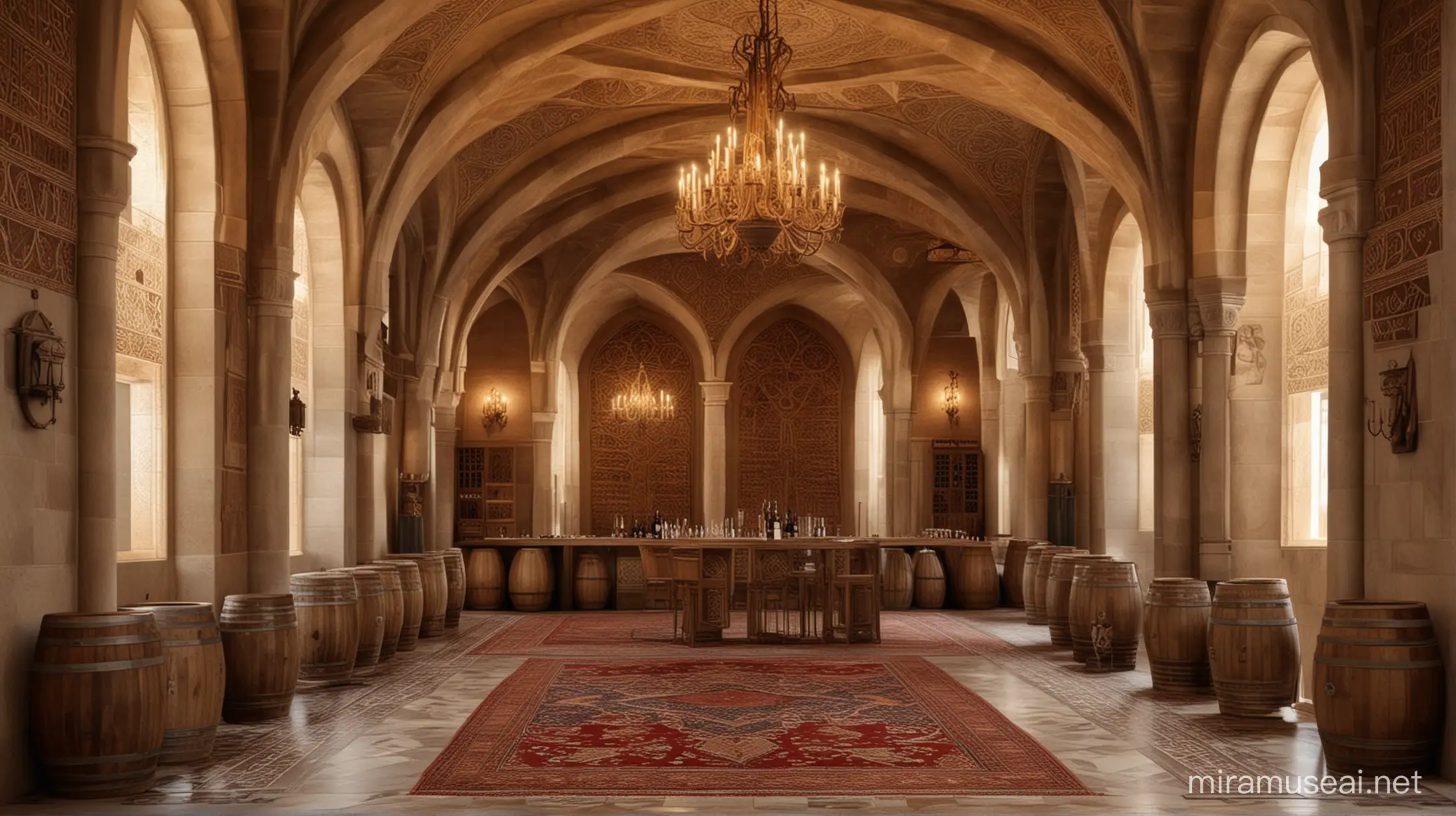 a luxurious Armenian royal place for wine tasting, with Armenian ornaments, in 2060