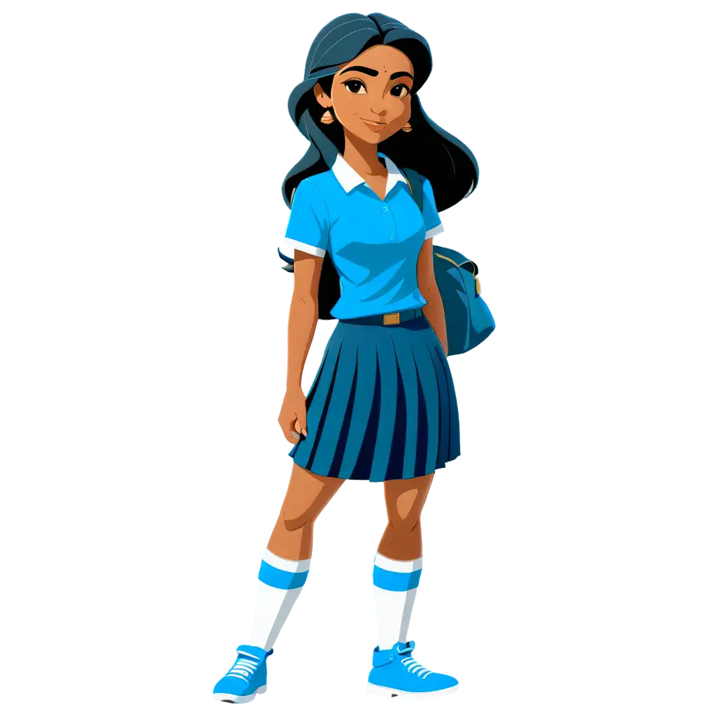 2d vector art, Simple an Indian School b Girl  in a Blue shirt and dark blue long skirt