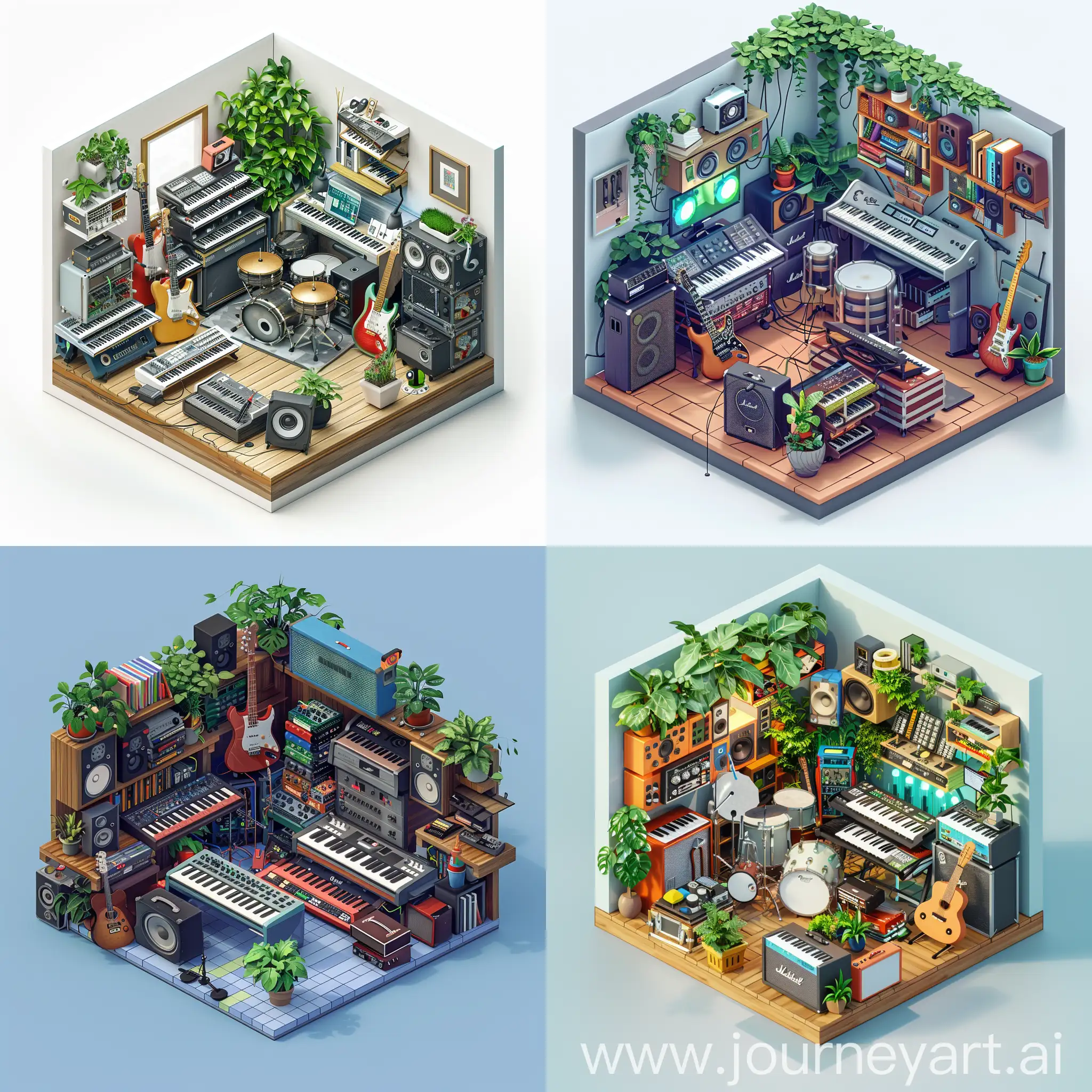 tiny, cluterred, music room exudes creativity and inspiration. Instruments are scattered throughout the space, An electric guitar, Keyboards and synthesizers, Mixers and audio interfaces, Speakers, A drum set, greenery adds life to the room, Shelves, cradling potted plants and well-loved books. isometric ,3d, game style on blank background. The model should be appropriate with a cube shape, quality in 4k