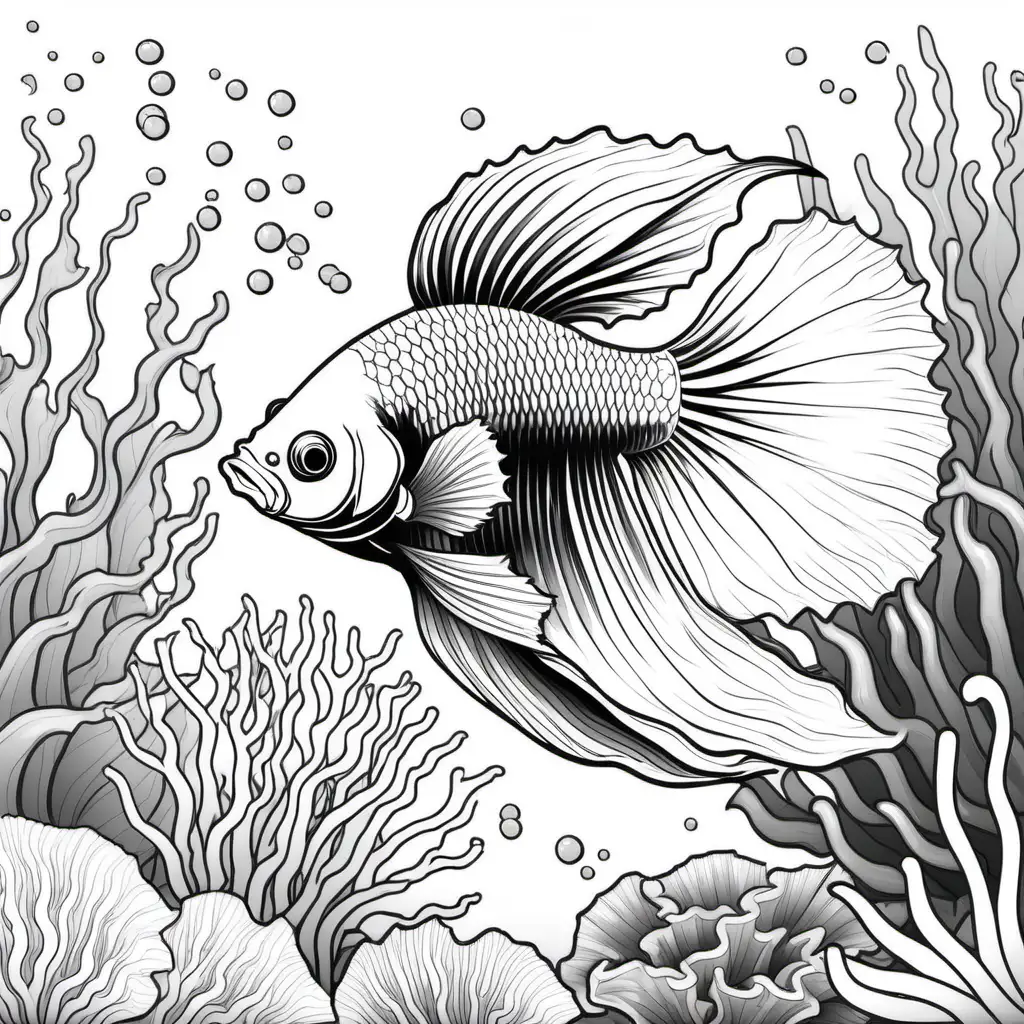adult coloring book, black and white. A closeup scene with betta fish swimming in coral reef. 