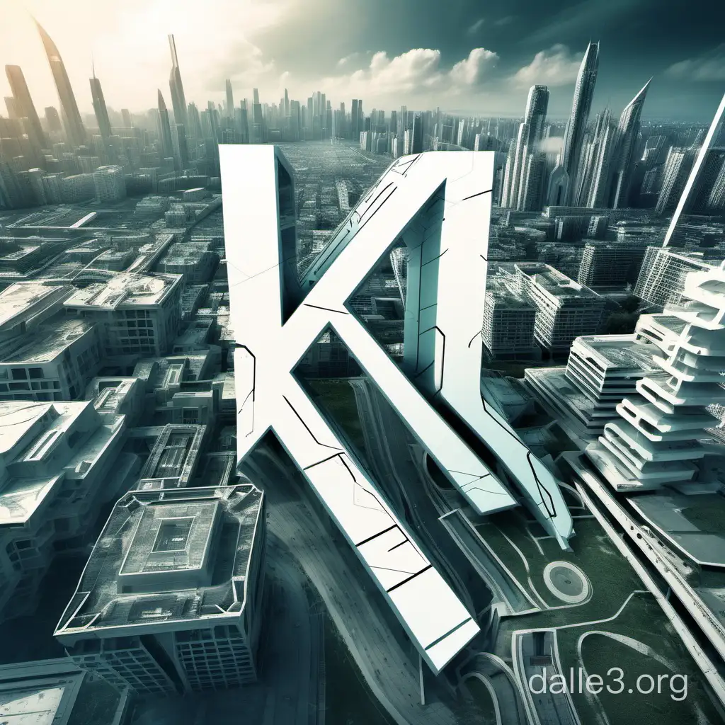 futuristic sans serif capital letter K on the photo with future city in back ground