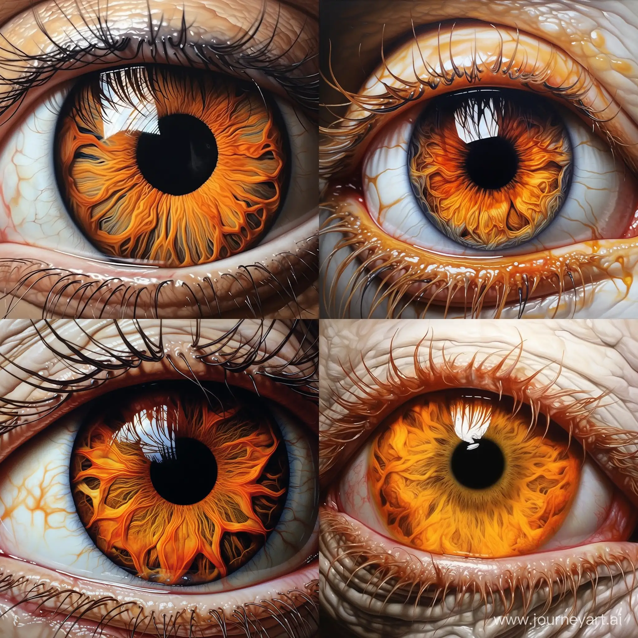 Photorealism. A monster whose veins, eyes and heart glow bright orange. The whites of the eyes are black, the skin is pale purple