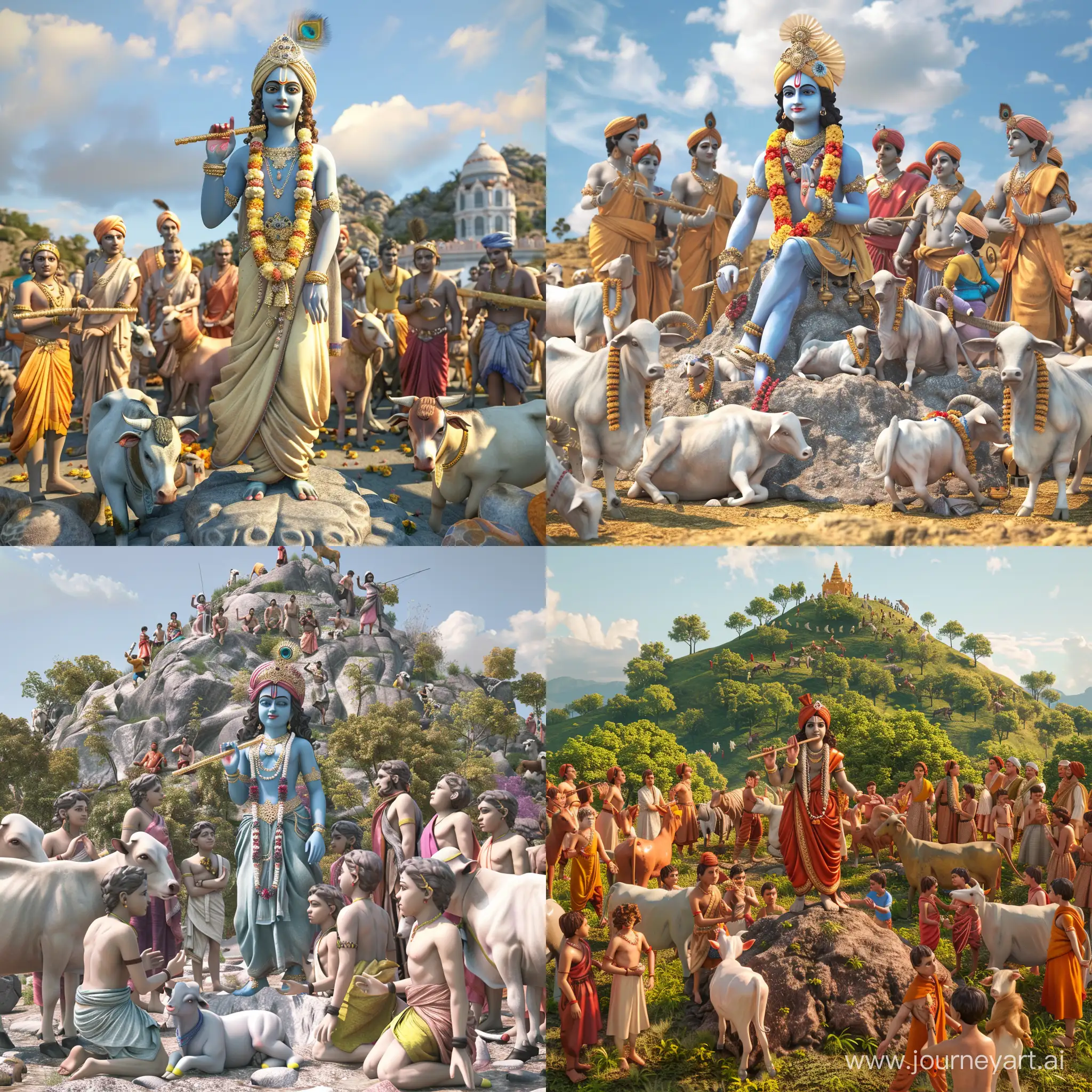 Place Lord Krishna at the base of the Govardhanagiri hill. Surround him with the people of Gokul and the cattle. 3d