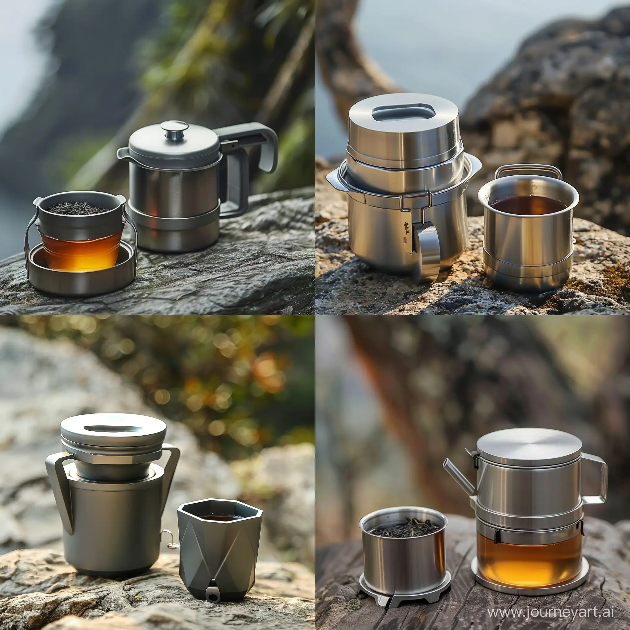 Design an outdoor portable tea set to cater to tea enthusiasts who enjoy outdoor activities. The tea set should be sleek and stylish, featuring a one-pot-one-cup design with a capacity of approximately 300 milliliters. The cup should be nestable within the pot and include a small compartment for storing disposable tea leaves. Utilize stainless steel for the pot body and PP material for the cup lid, incorporating collapsible handles for both the cup and pot. For aesthetic design, draw inspiration from the Taiwan black bear, implementing a minimalist or faceted style on the cup lid to exude a fashionable and upscale appearance.