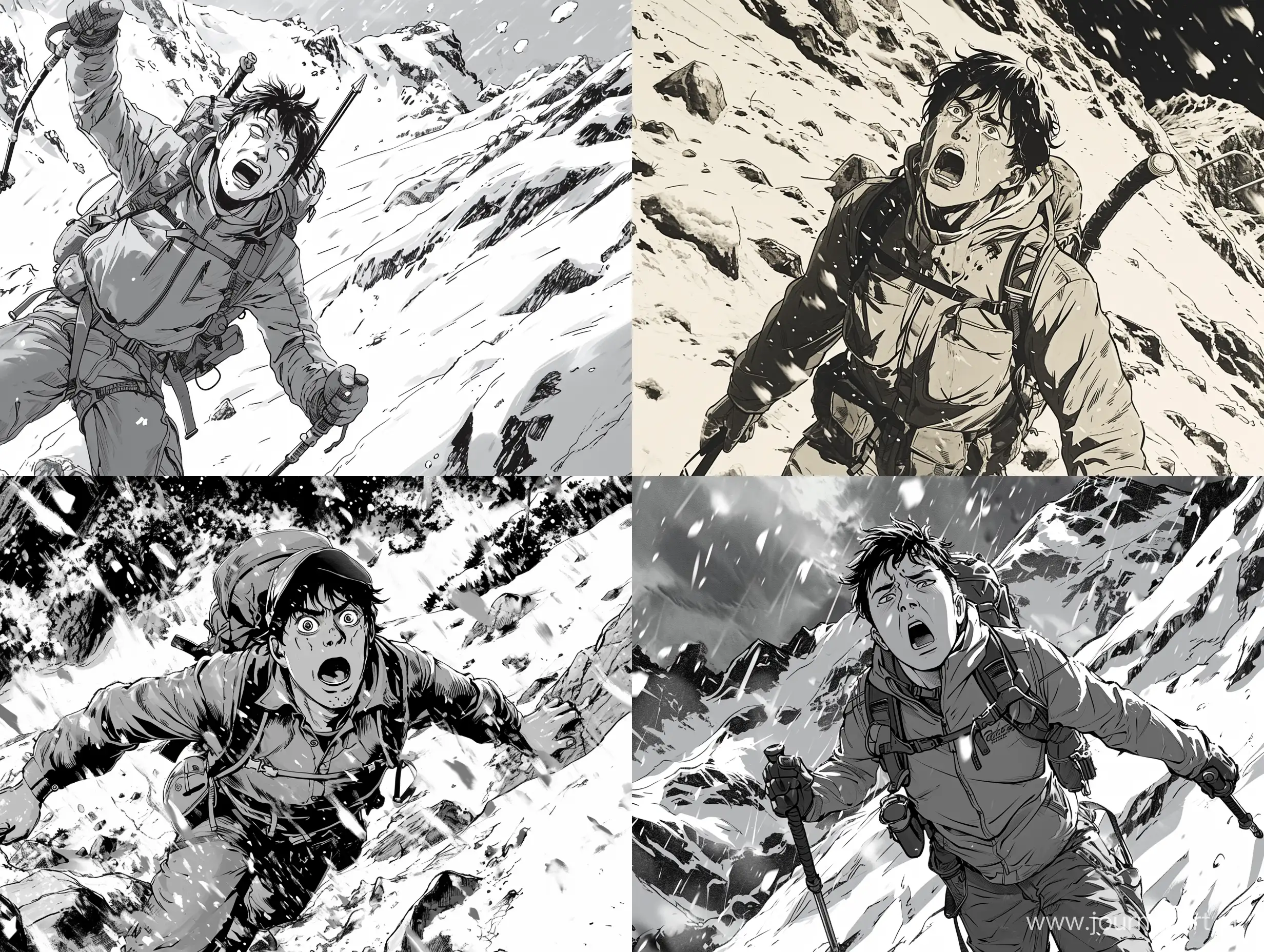 a manga panel, best quality, a man with hiking equipment is panic on a snowy mountain, he is seeking for an escape, ultra detailed --v 6 --ar 4:3 --q 2
