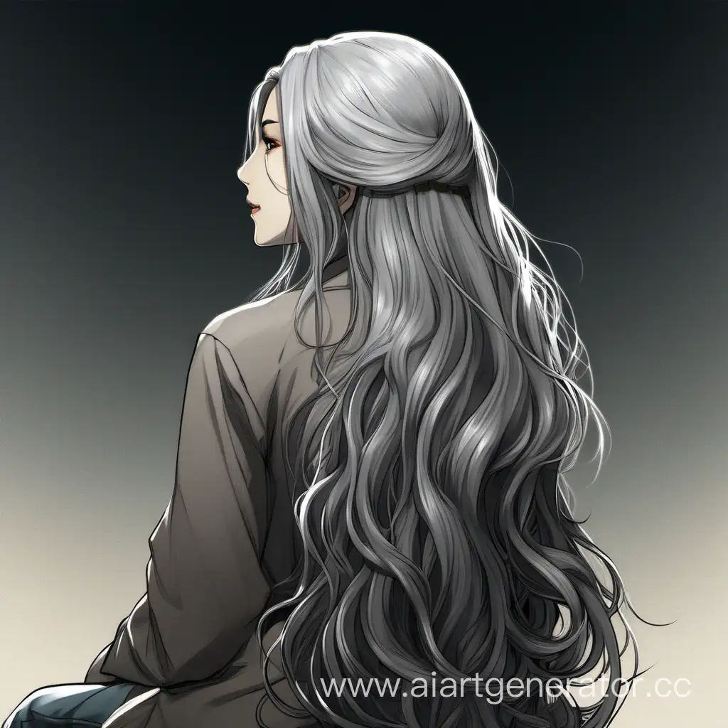 Девушка с серыми длинными волосами, сидит спиной, смотрит назад через плечо,
