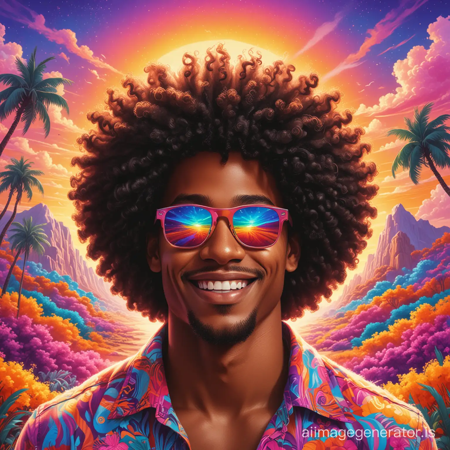 drawing of a happy black light skin man with sunglasses and long afro hair in a colorful landscape