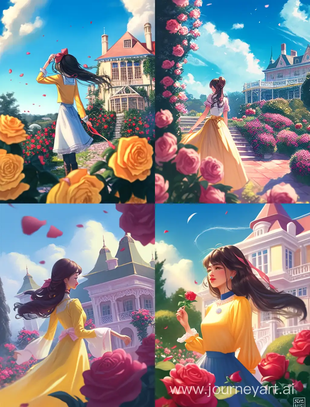 An asian girl in yellow standing in a garden of blooming pink red roses as wind is blowing in daylight, in the far background is a mansion and blue sky, expressive, cute, iPhone wallpaper