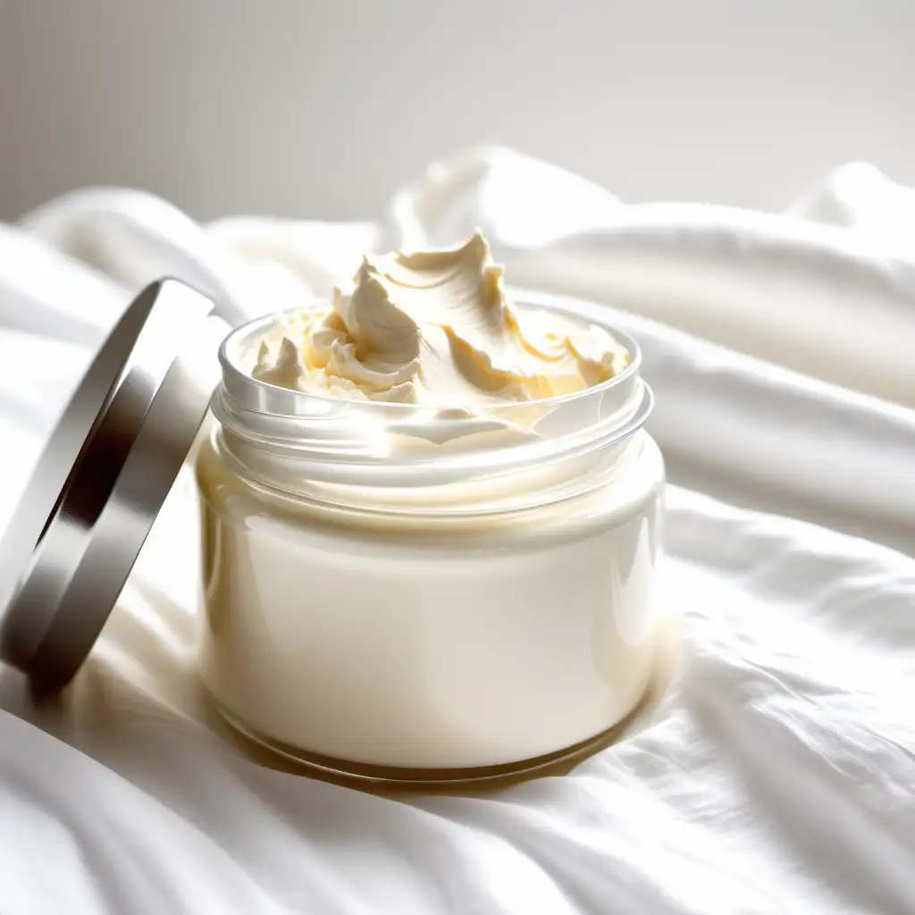 Clear Jar of Whipped Body Butter on White Background with Ivory Silk Linen Sheets