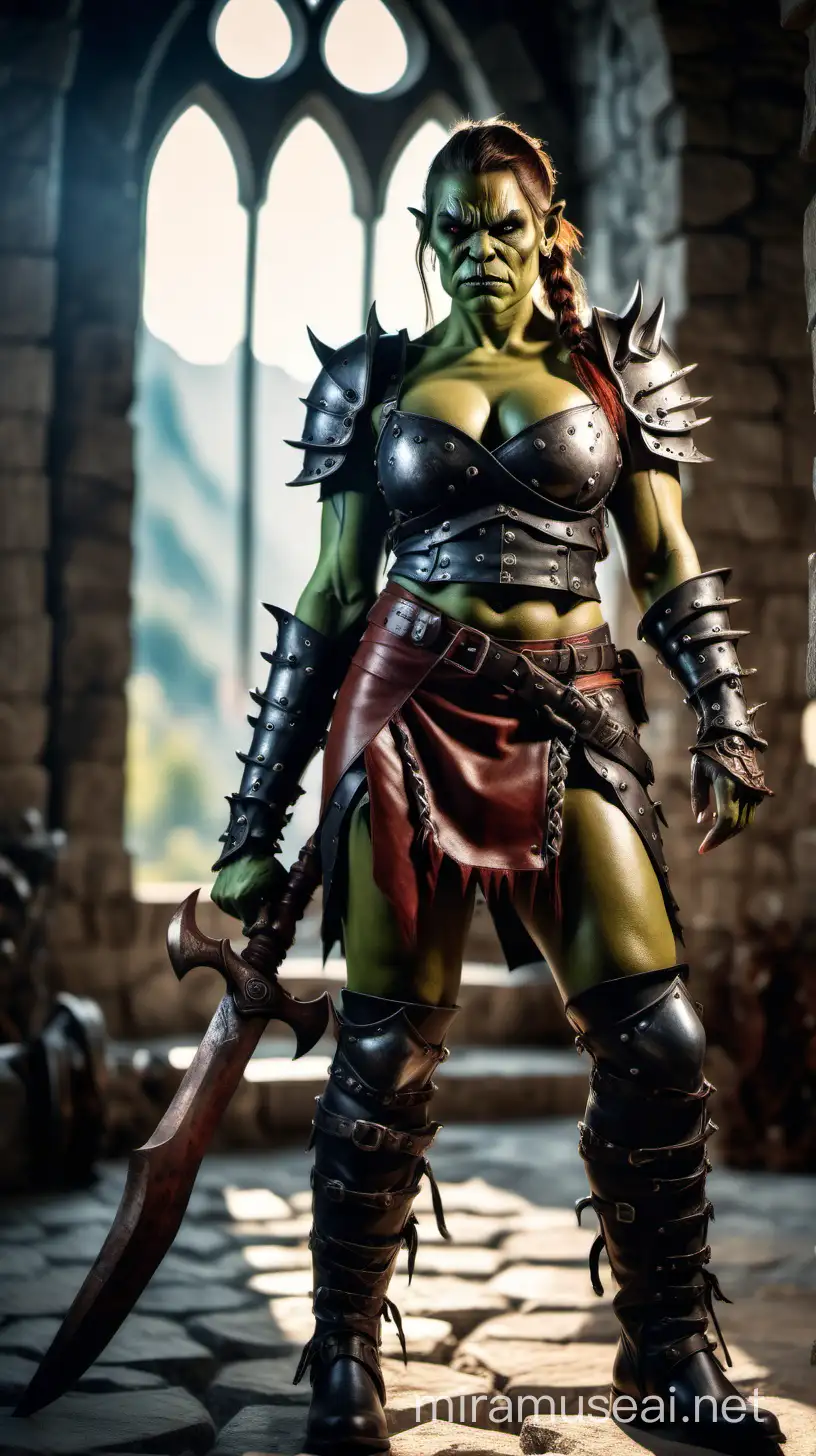 busty female orc, armour, braided pigtail, leather boots, in orc castle, dramatic light, blurred background, bokeh, weapon