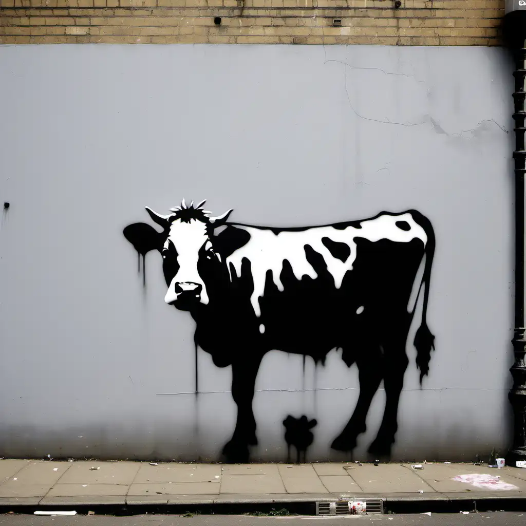 Urban Graffiti Banksy Cow Mural in Vibrant Street Art