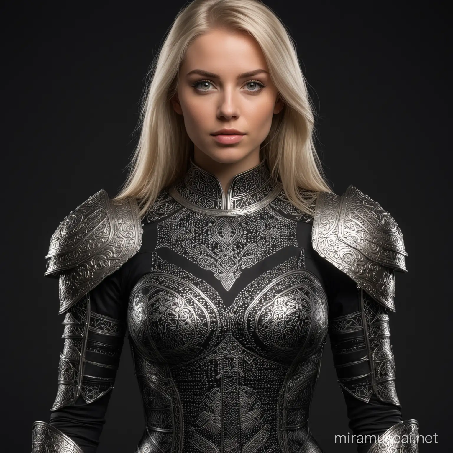 A full body picture of a 28 year old woman with silver eyes. White skin. Blond straight hair. Wearing black blouse under silver armor with intricate black pattern woven into it. Black background in image.