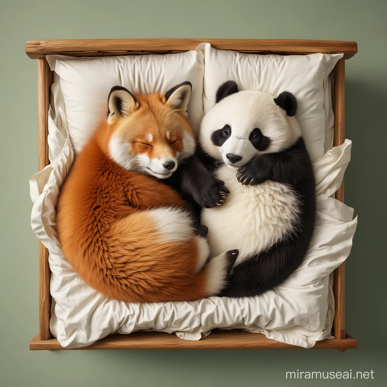 one fox and one panda sleeping in a bed

