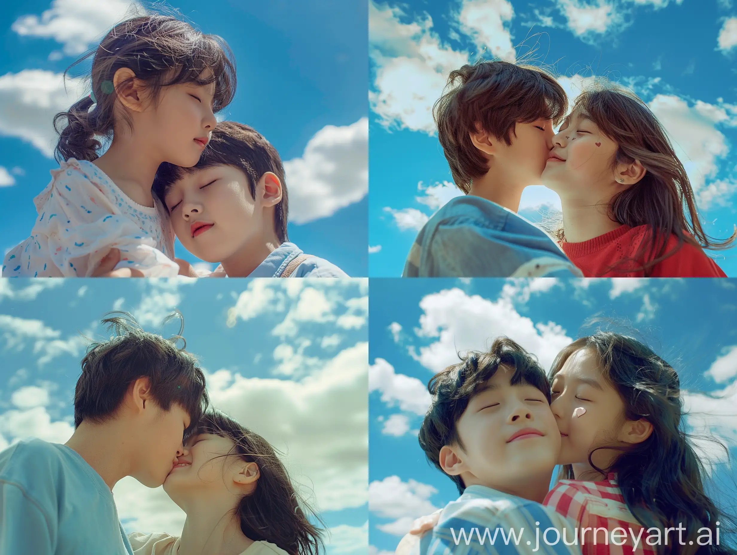 realistic movie stills, full body, full shot, wide shot, Korean love film, A lover in blue sky and white clouds, A kiss on the forehead of a young boy and a young girl, Heart movement, Romance, Smile, strong dramatic tension, rich details, clear light and shadow, a strong sense of cinema