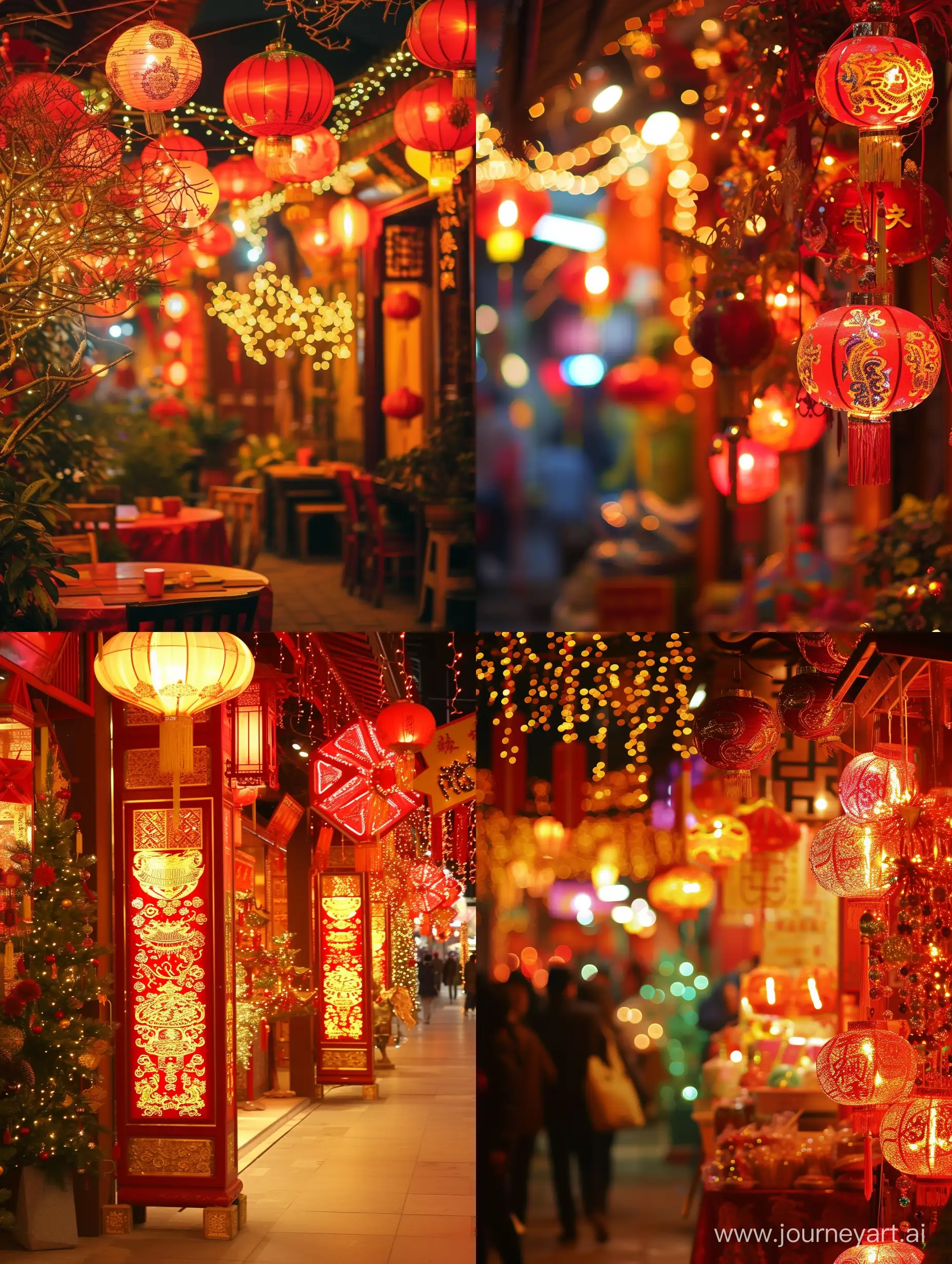 Chinese New Year, a lively and festive atmosphere, with decorations and bright lights.