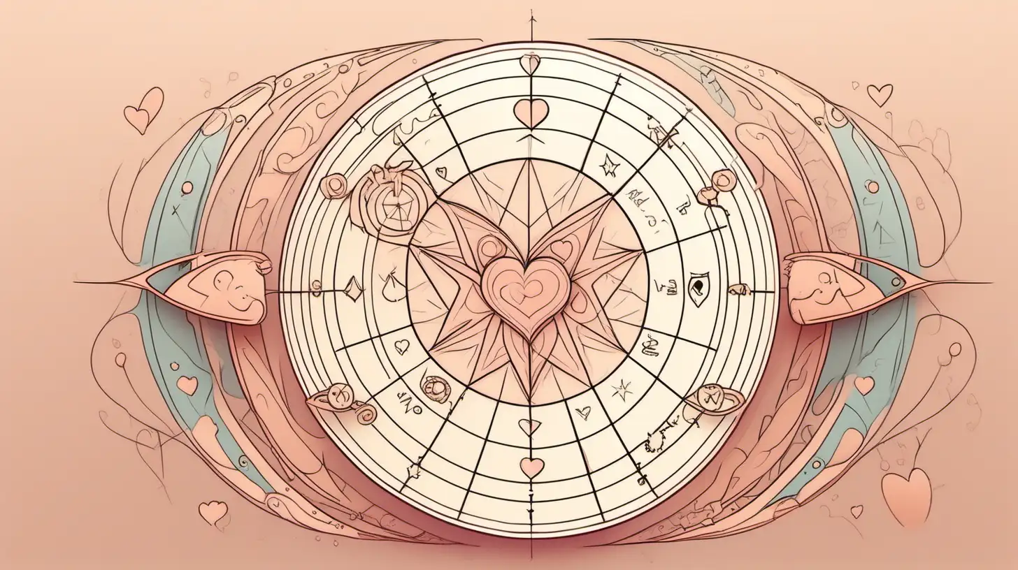 Draw two astrological wheel with heart ,love , loose lines , Loose lines. Muted color, ADD A BANNER ON THE WHEEL