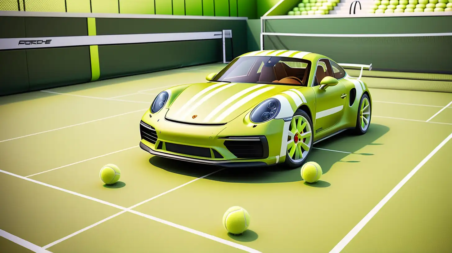 Porche is flting in the air 2 meters above the tennis ball court,  green Porsche that is made out of tennis ball fabric, surface has white stripes, tires are made of tennis balls 