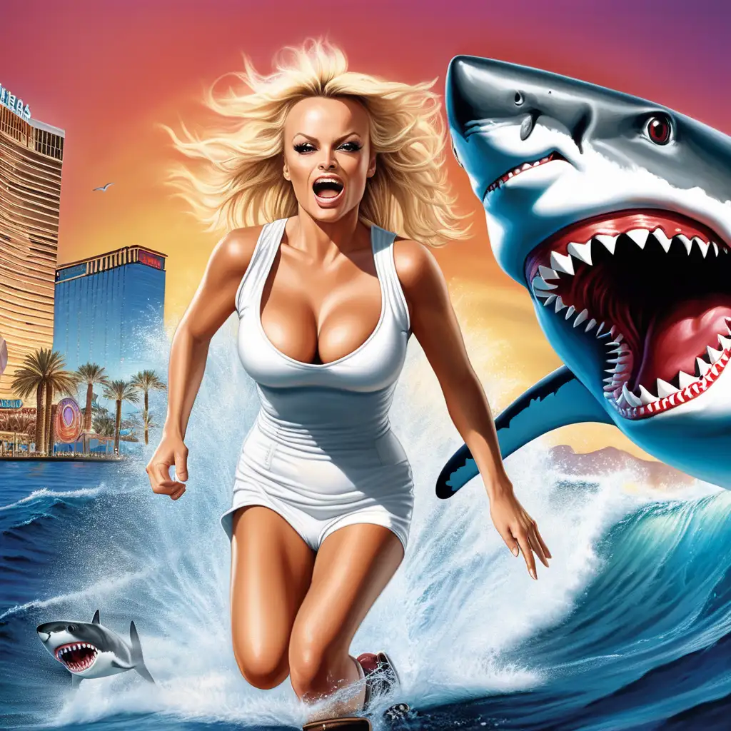 pamela anderson running away from a great white shark 
[setting: las vegas casino]