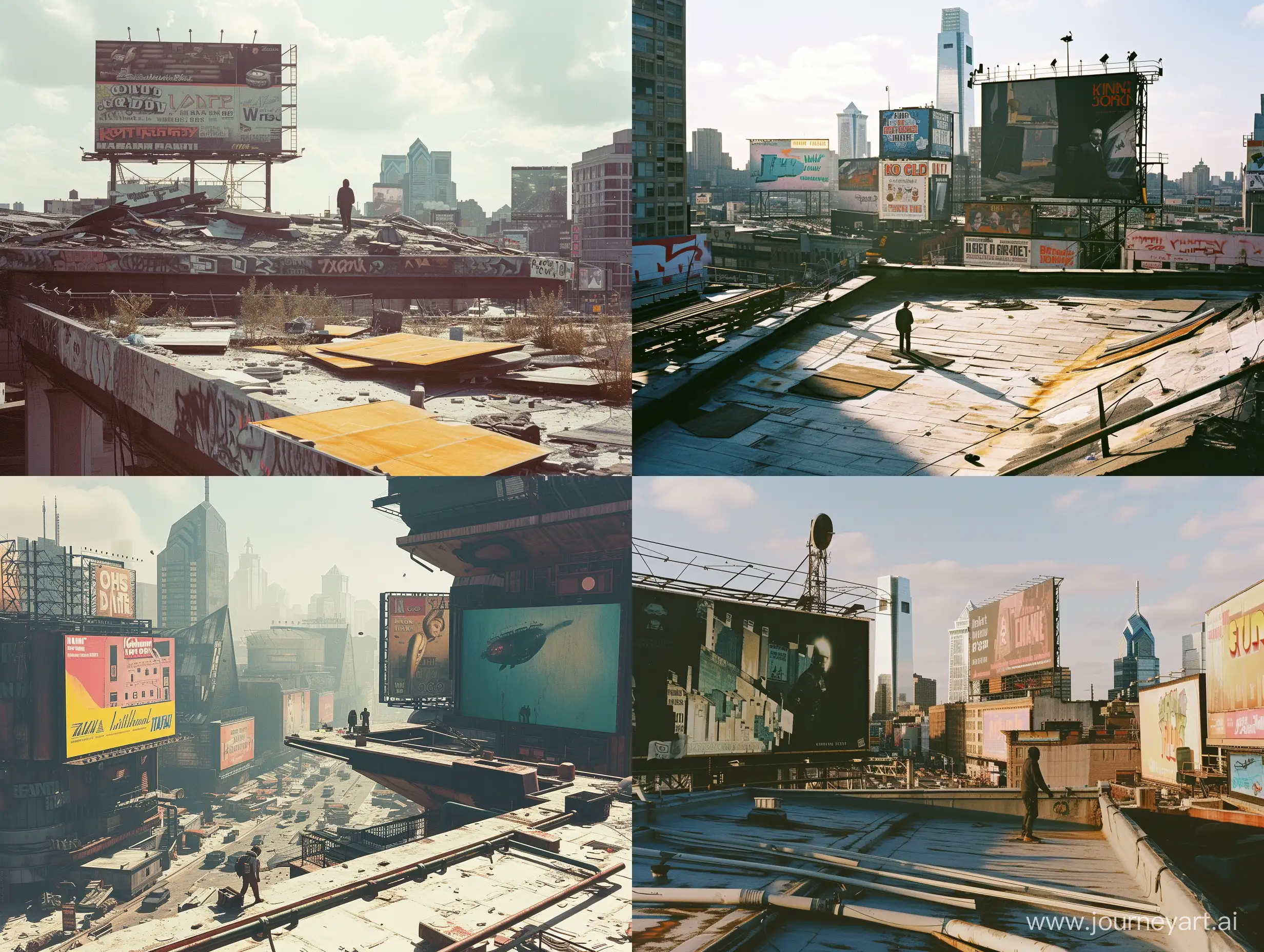 A photo of a sci fi Philadelphia City taken with Kodak Gold 200 film, capturing the natural lighting and busy city environment. The style is raw and the view is full view, with billboards in the background, a man is seen standing on the roof, architectures