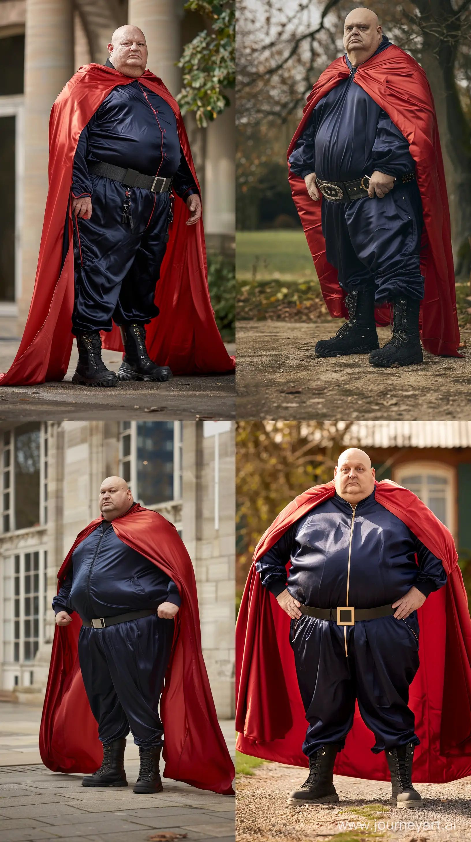 Front view photo of a fat man aged 60 wearing silk navy royal tracksuit. Large red thick cape. Black tactical boots and belt. Standing Outside. --style raw --ar 9:16