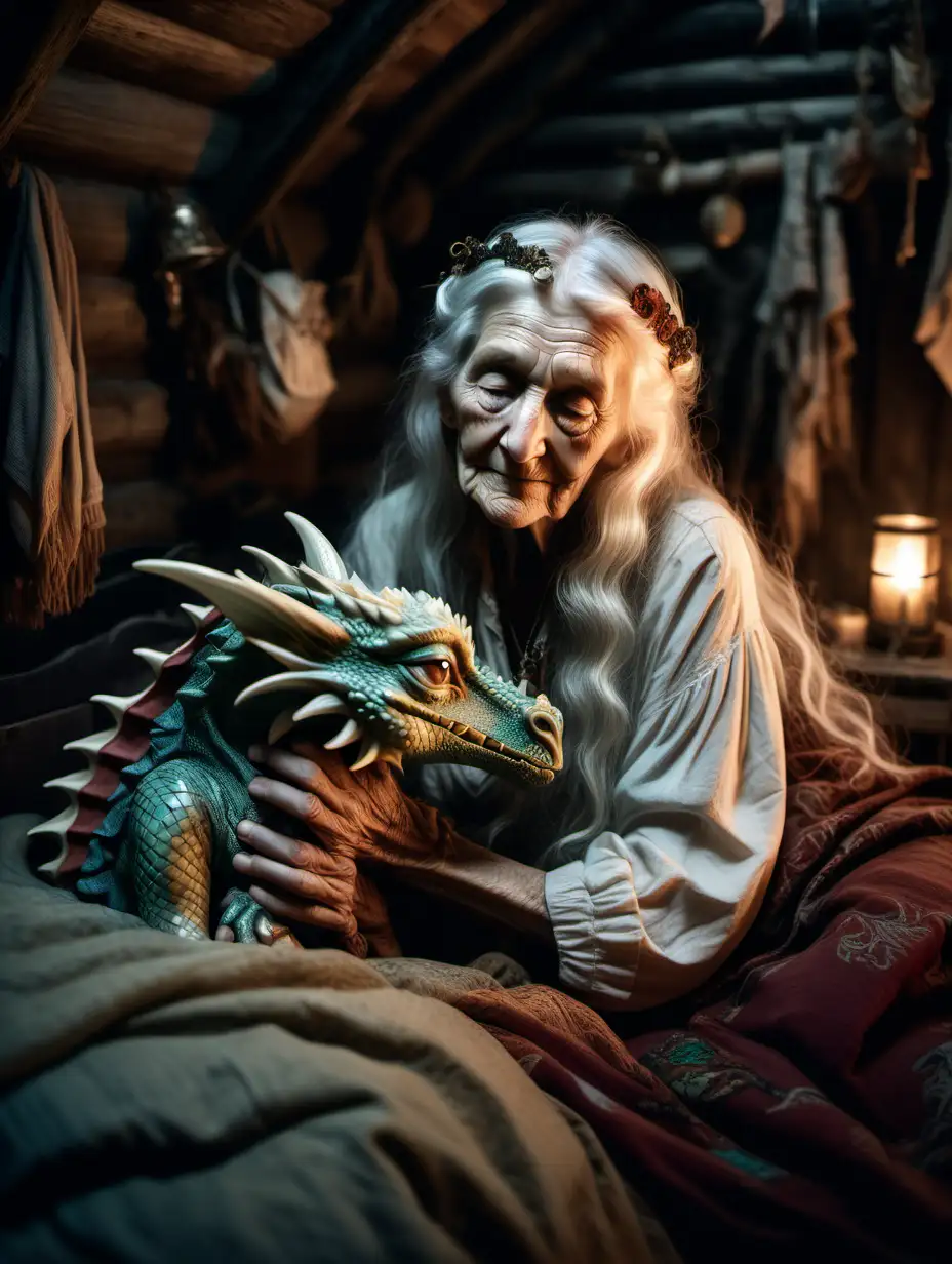 BohoStyled Grandmother Cuddling with Adorable Baby Dragon in Cozy Cabin