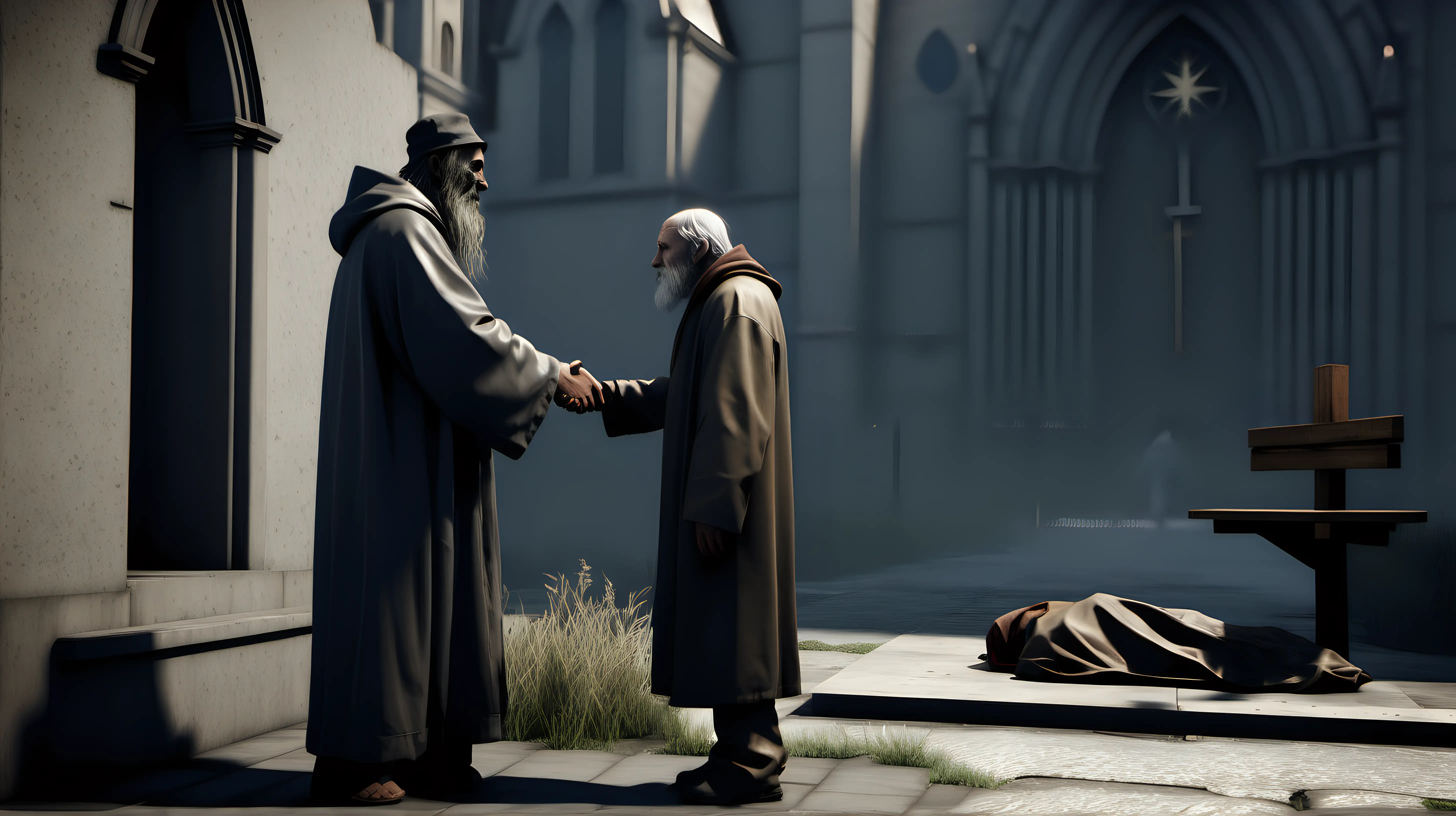 /imagine prompt: Realistic, Cinematic, personality: [Show the homeless man approaching the church. A priest is waiting outside, offering a warm handshake and a job opportunity. The gesture is met with gratitude and a glimmer of hope in the homeless man's eyes.] unreal engine, hyper real --q 2 --v 5.2 --ar 16:9