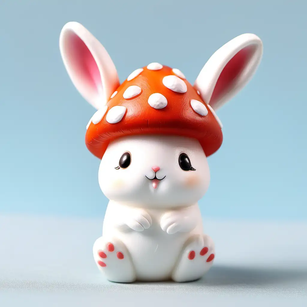 Charming Easter Scene Resin Mushroom and Adorable White Rabbit on a Simple Background