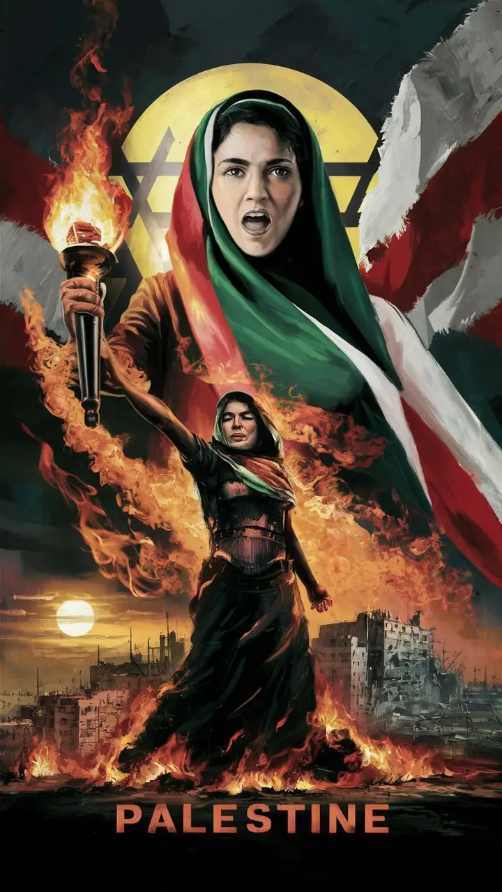 A oil painting about the Palestine revolution and freedom against Israel include one portrait of a freedom fighting woman representing Palestine and make it creative and inspiring