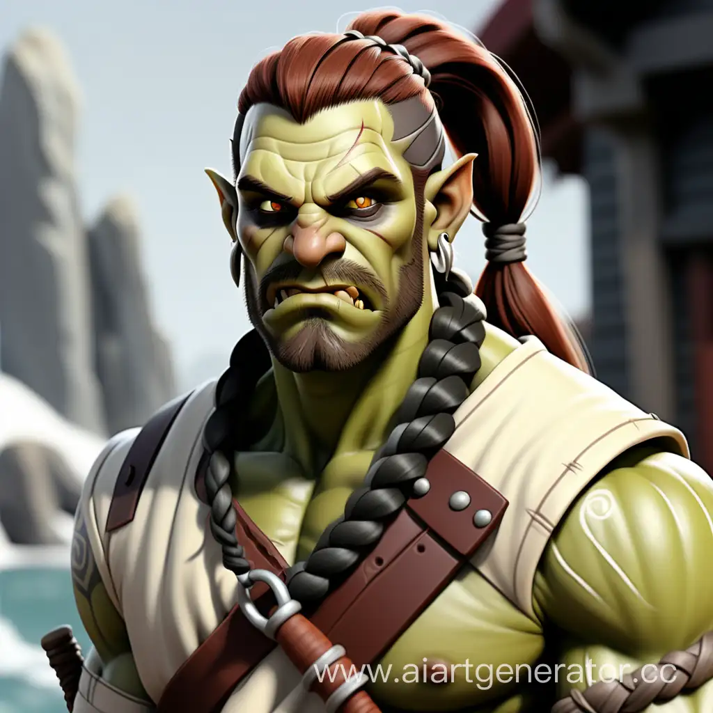 Half-Orc, ex-sailor, 36 years old, with a shikira, hair back and done in a braided ponytail, beard neat and also braided, hair color white, scar on the left eye and no eye from dnd, цвет кожи серый