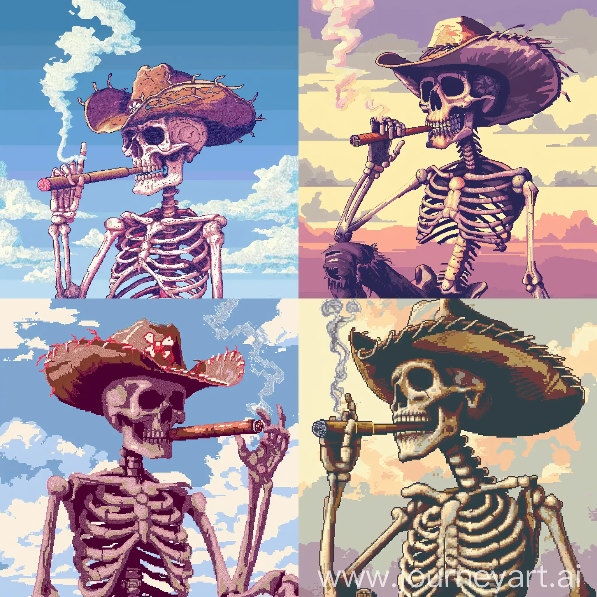 skeleton smoking cigar wearing a cowboy hat pixelated style
