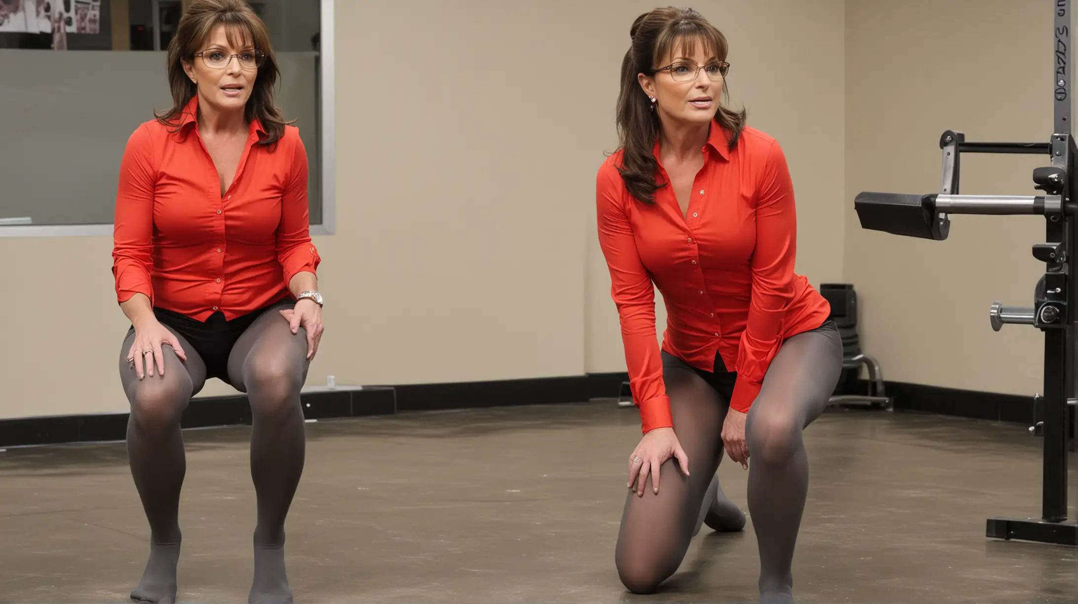 Sarah Palin and Lauren Boebert, both wearing untucked stretch red button down shirts, no pants, with gray pantyhose, squatting down in exercise class.