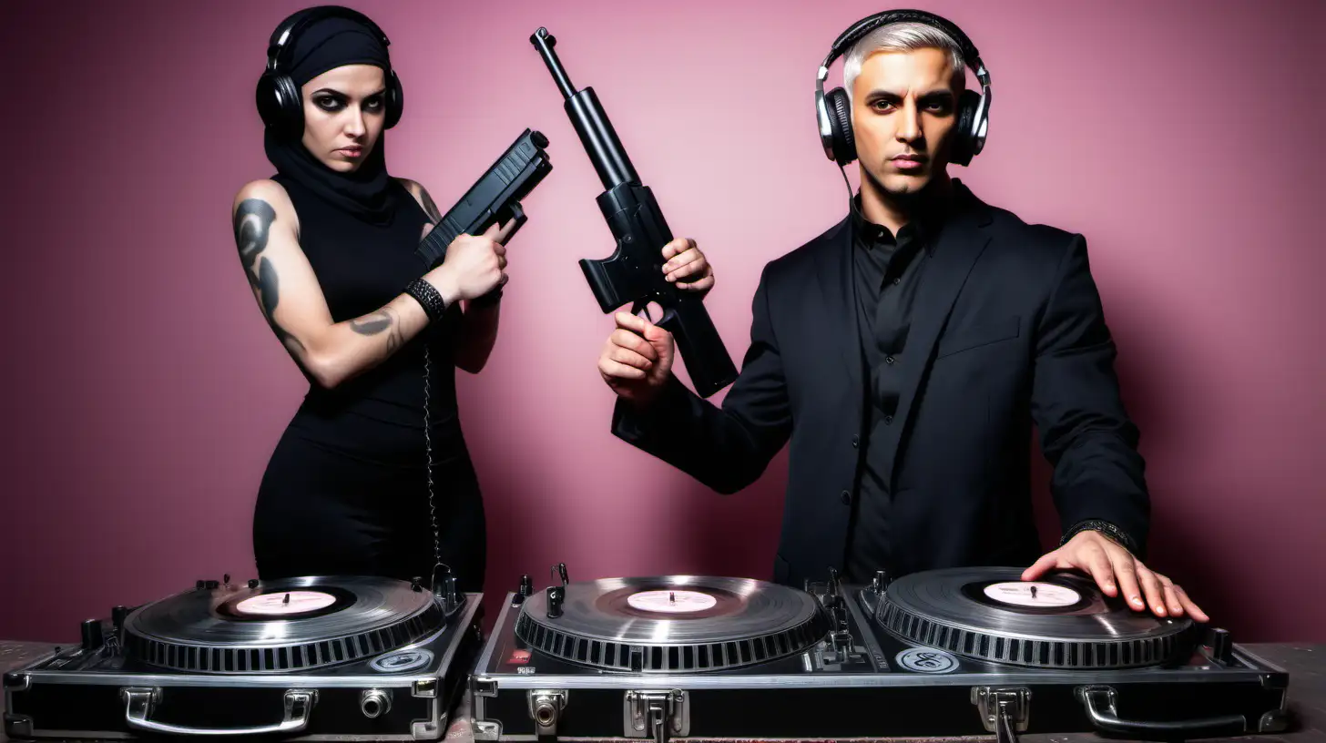 ONE unarmed INNOCENT clean-shaven male DJ is cueing up a record. ONE tough female terrorist stands behind him with a gun to his head.