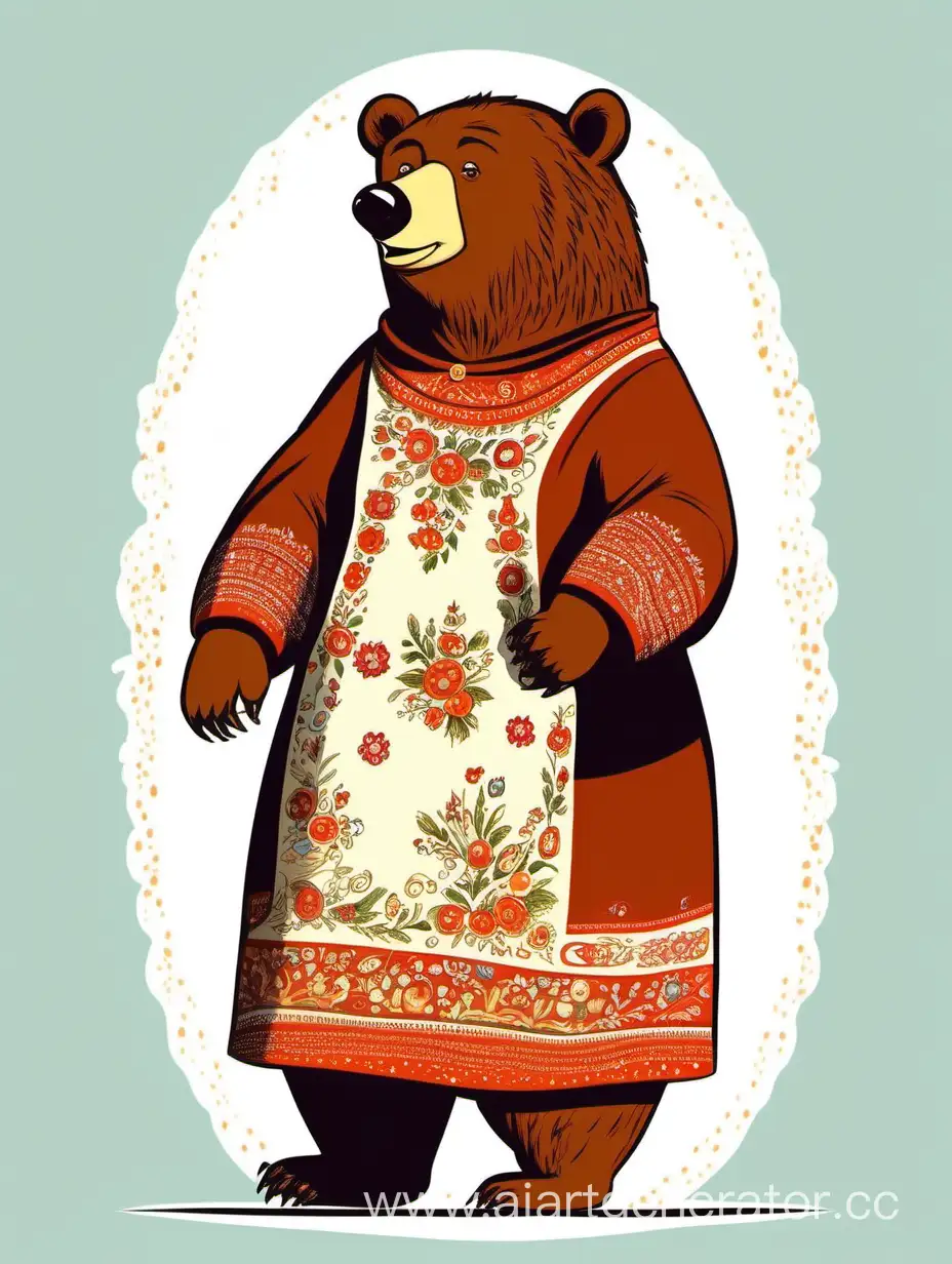 русская мама-медведица в русском сарафане мультяшная стоит на двух ногах во весь рост и улыбается