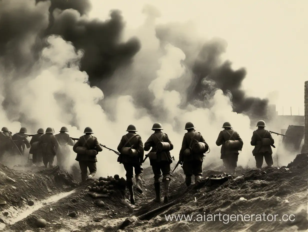Траншейная война. Солдаты в тяжёлой броне в первой мировой войне. Столпы дыма и химикатов.