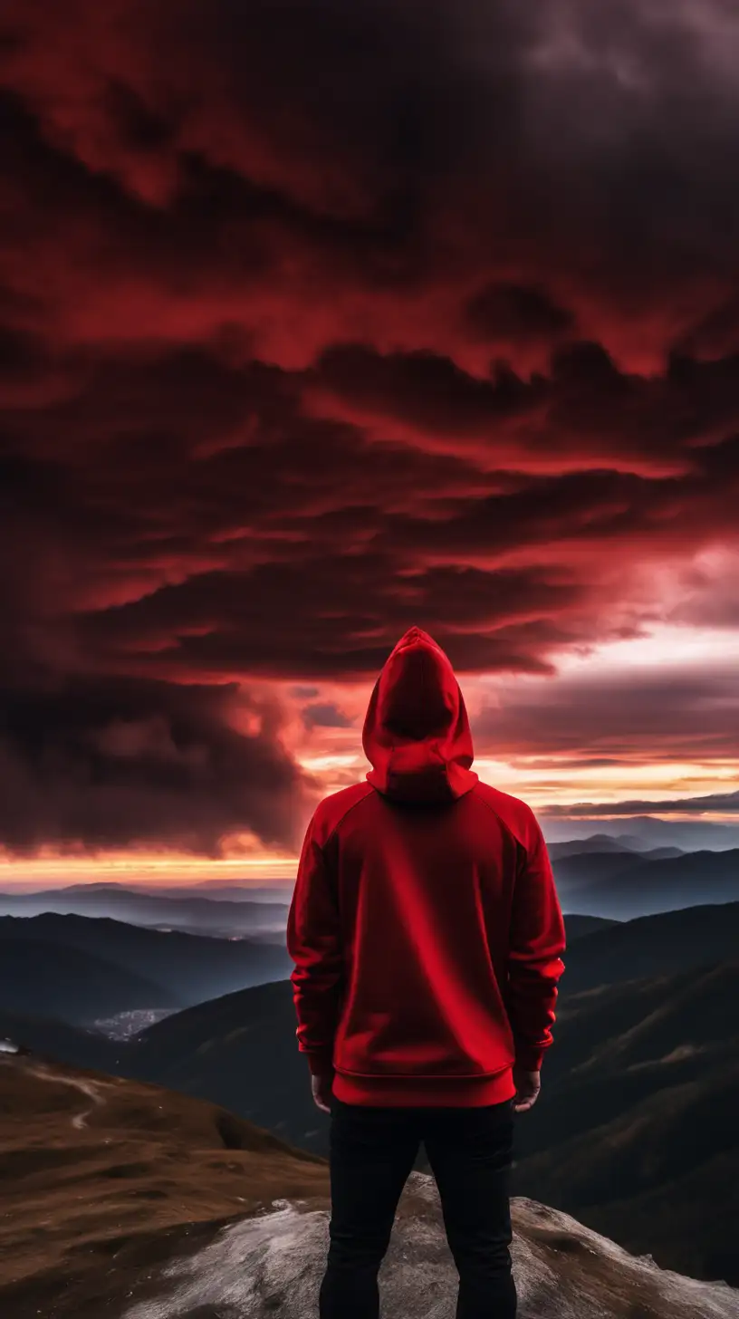man Wearing Red Jacket hoodie Standing, on Mountain, Looking at Sunset, Dark Red Clouds.