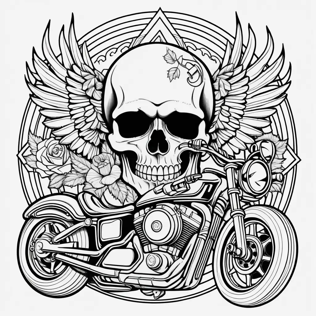 Motorcycle Tattoo Coloring Page with Skull Illustration
