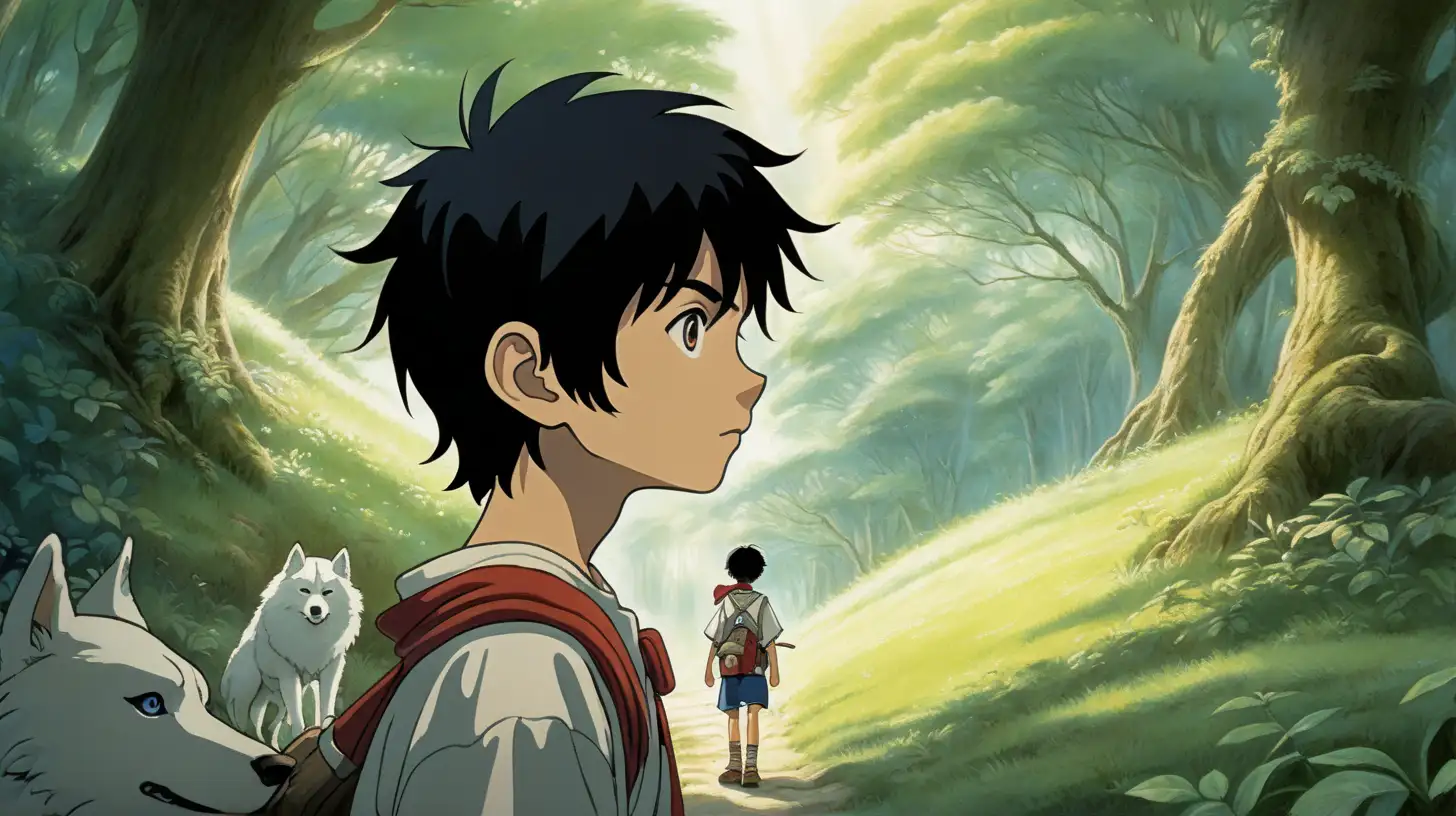a boy with black hair, happy, peaceful, beauiful illustration of fantasy, ghibli, princess mononoke, soothing, dark, music, amazing detailed game poster, Hayao Miyazaki --ar3:2 --niji 5